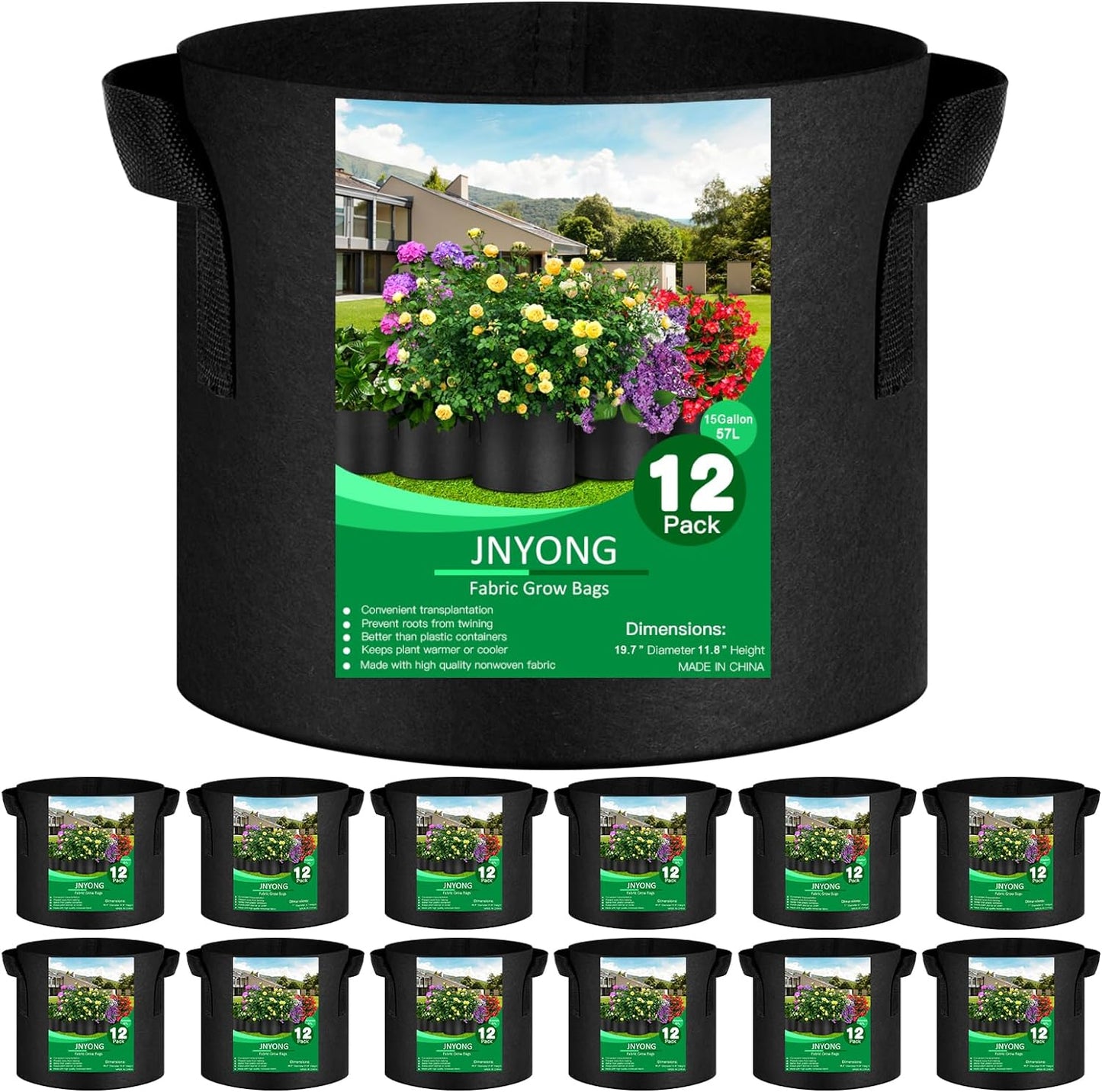 12-Pack 15 Gallon Thickened Non-Woven Grow Bags, Aeration Fabric Pots with Handles（Black）