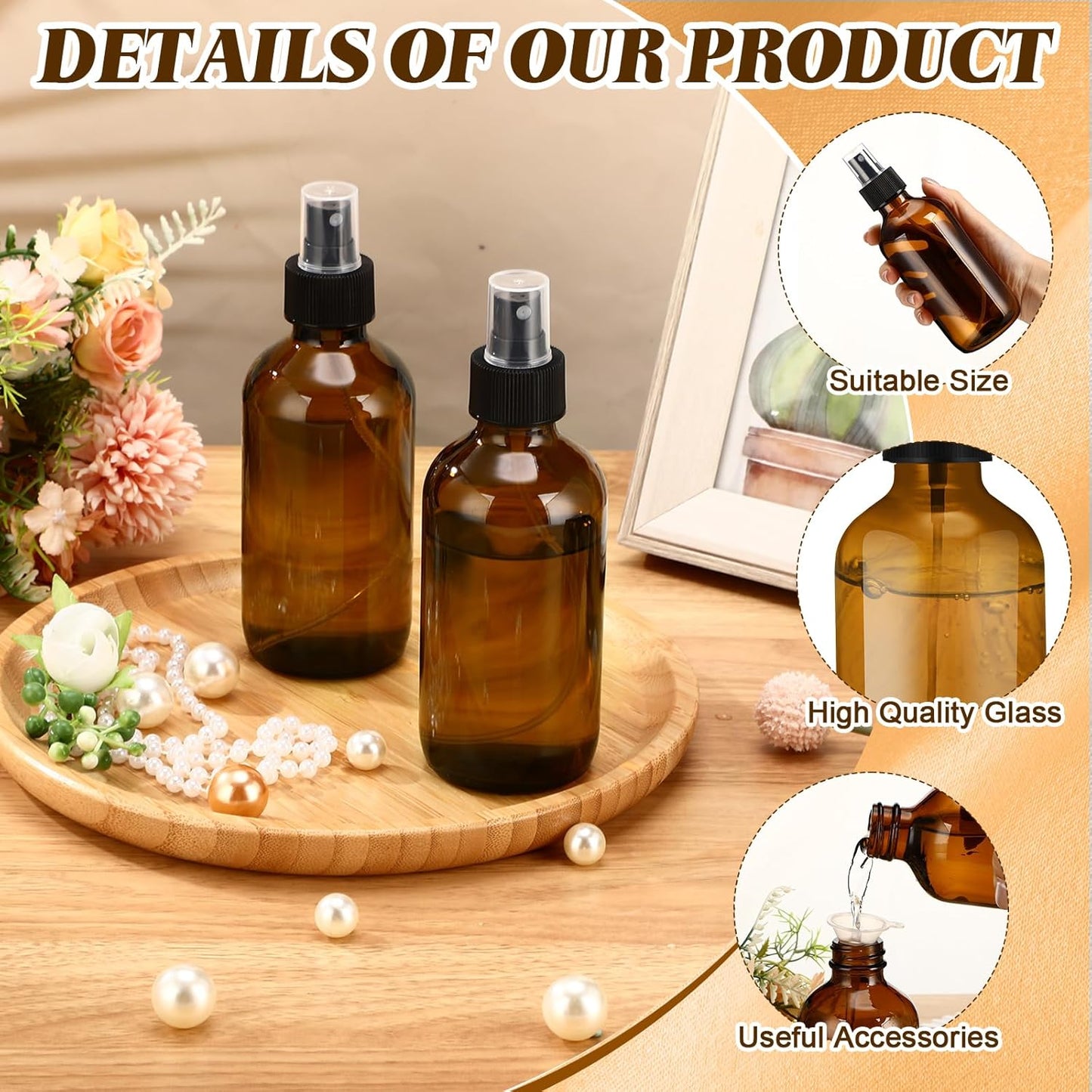 Norme 12 Pcs 8 oz Glass Spray Bottles with Funnels and Labels Refillable Cosmetic Empty Spray Bottles with Sprayer Containers for Essential Oil Cleaning Solutions(Amber,Stylish)