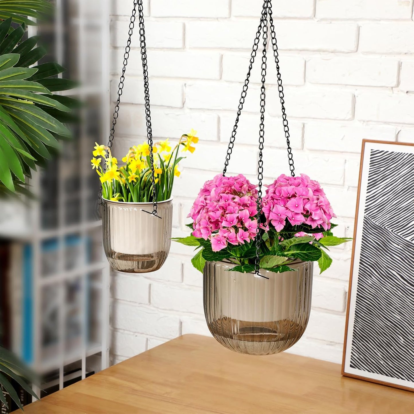 Maxcheck 4 Pcs Self Watering Hanging Planters Indoor Gift 6.5'' 4.5'' Hanging Flower Pots Baskets Outdoor Self Watering Plant with 3hooks Drainage Holes for Home(Gray)