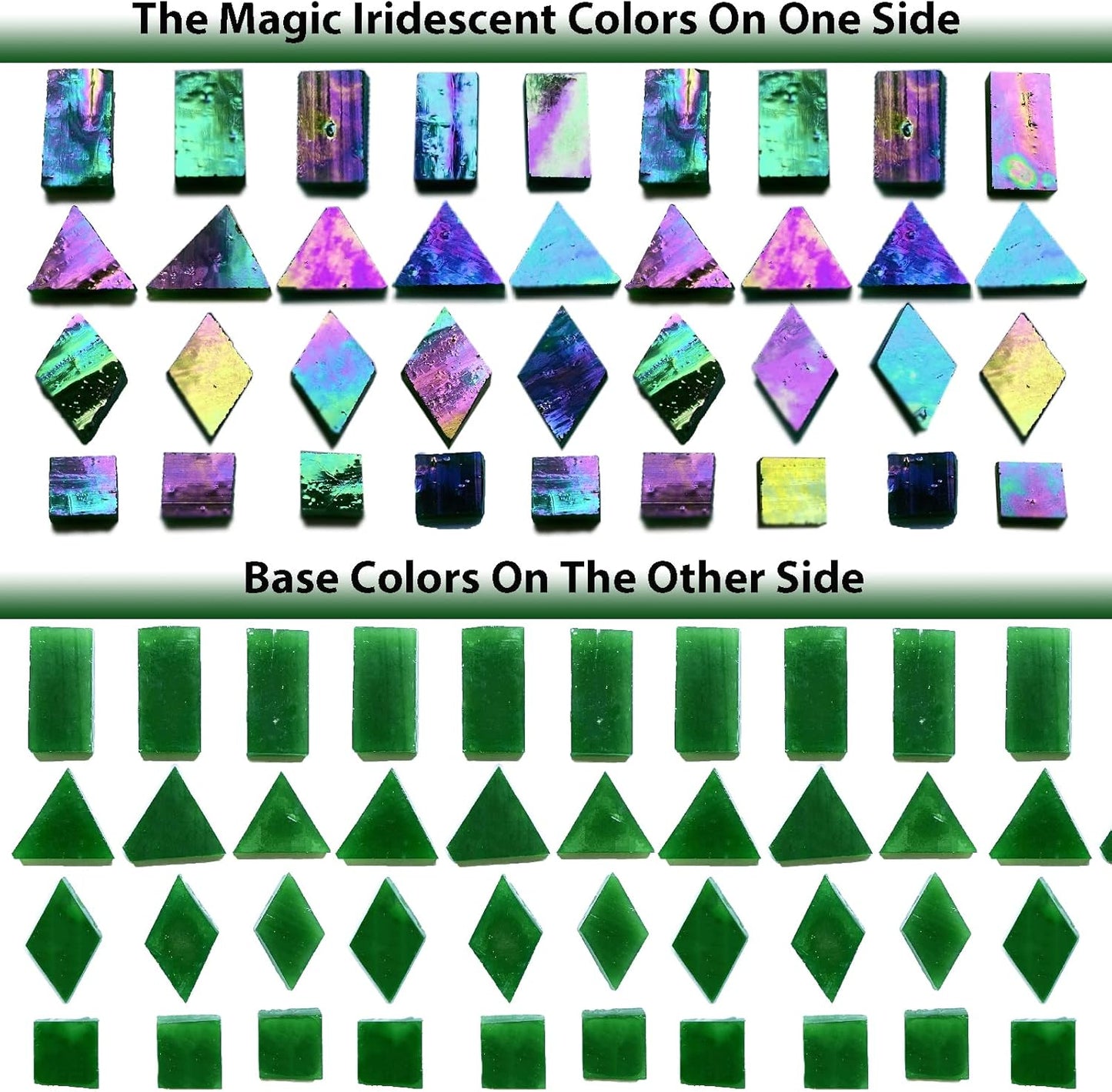 Iridescent Green Mosaic Tiles for Crafts, 280 Pieces Mixed 4 Shapes Stained Glass Sheets, Stained Glass Supplies for Mosaic Projects