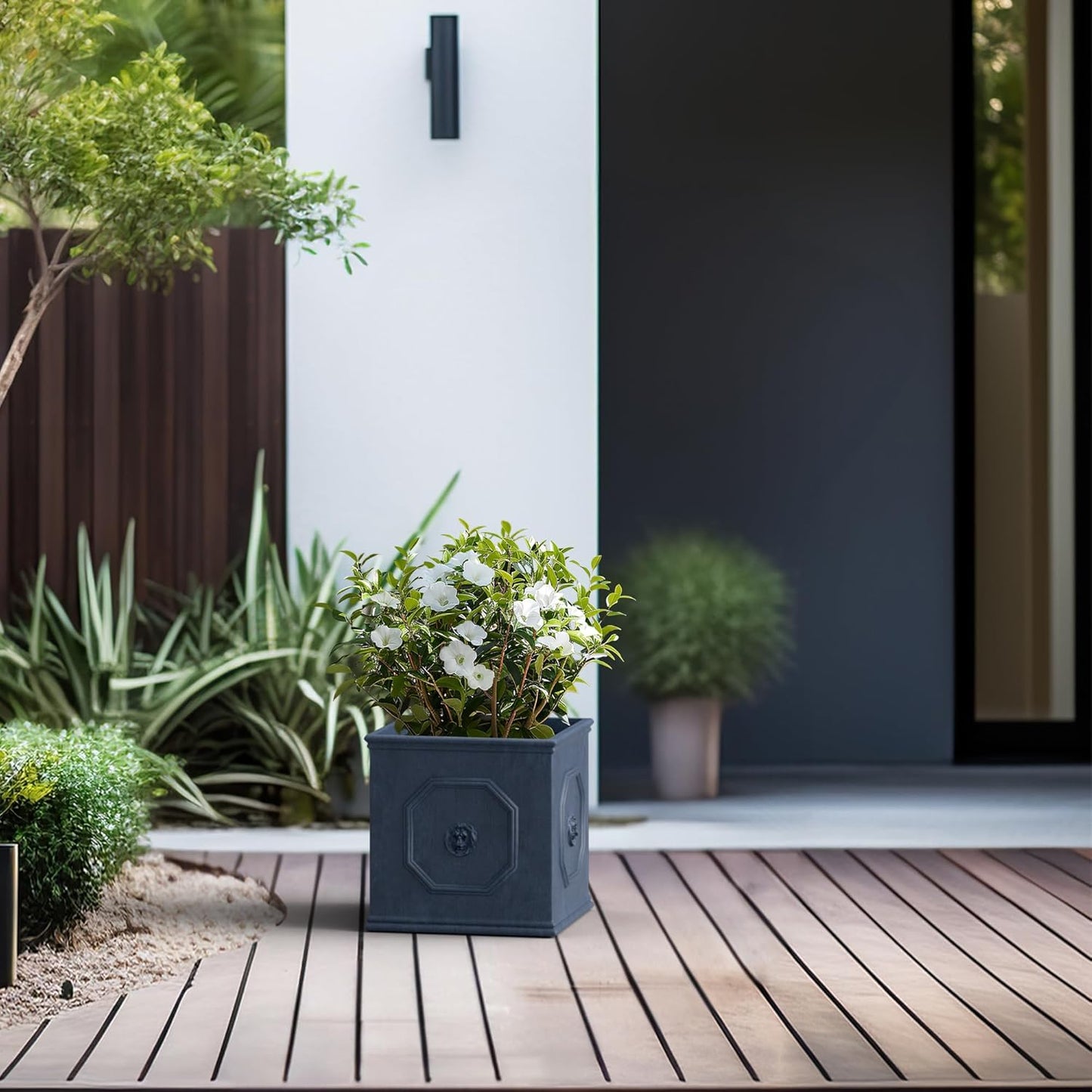 Kante Square Lion Head Concrete Planter, Classic English Style Plant Pot with Drainage Hole and Rubber Plug for Indoor Outdoor Garden Patio Home, 10.2"x10.2"x 10.2",Gravel Gray