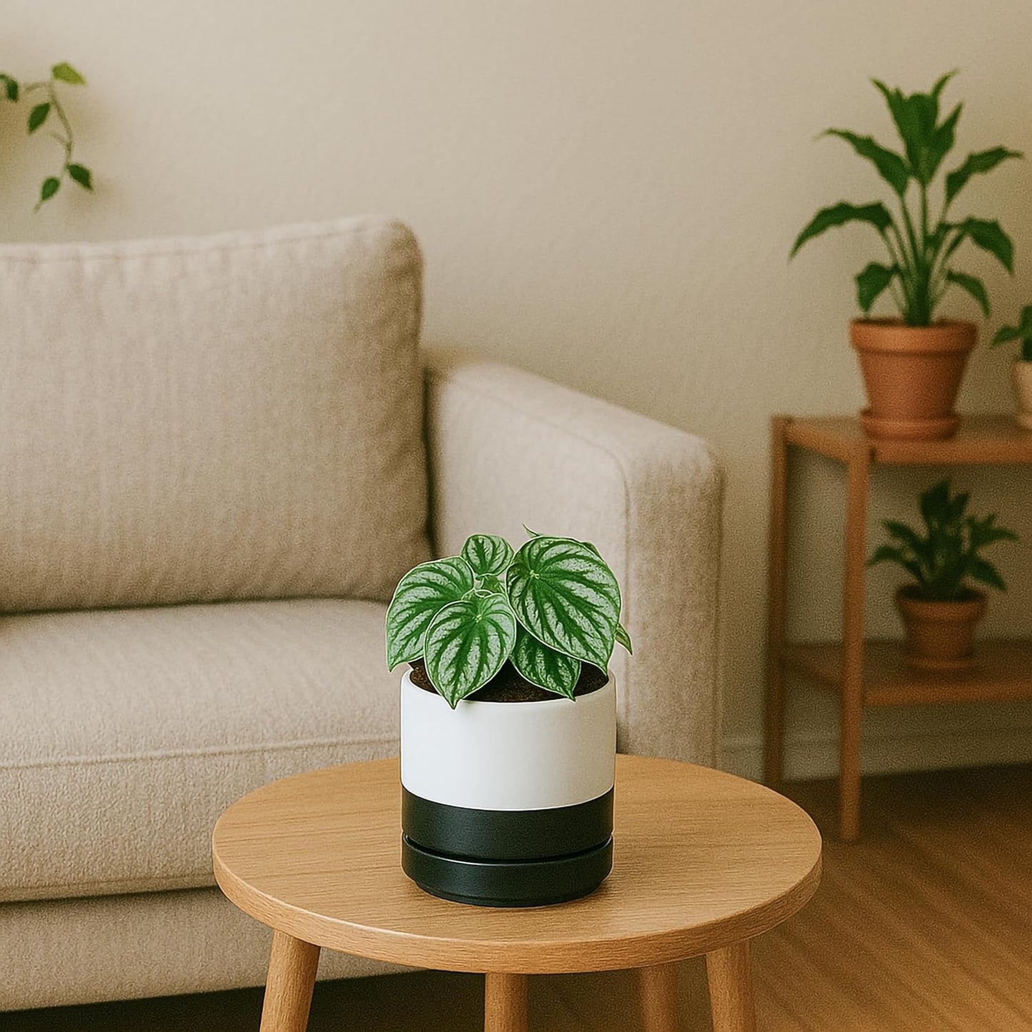 D'vine Dev 4.7 Inch Ceramic Planter Pot with Drainage Hole and Saucer, Indoor Cylinder Round Planter Pot, Layered Monochrome Black & White, 94-O-B-L