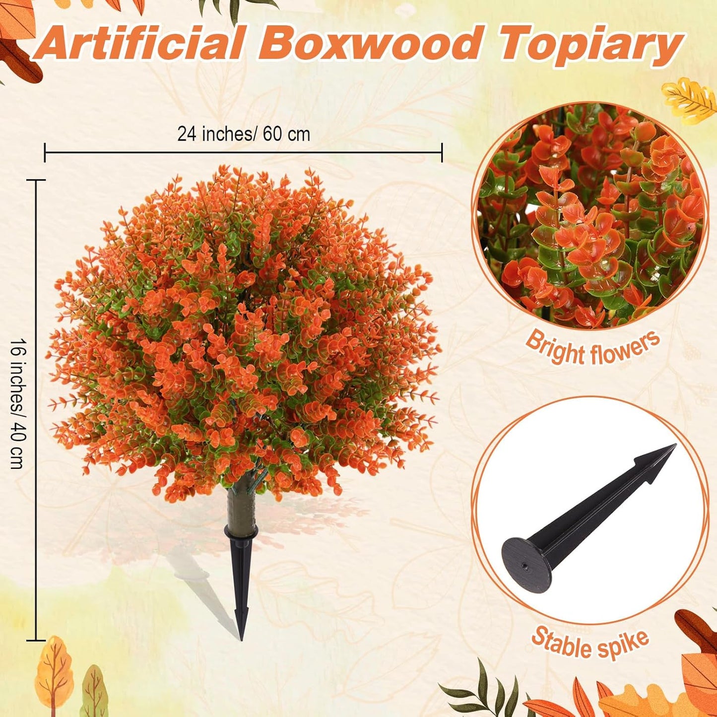 Yunlly 2 Pcs 18 Inch Fall Artificial Boxwood Ball Topiary Tree Outdoor Plants Bush, UV Resistance Faux Shrub with Spike Fall Porch Decor for Indoor Garden Yard Porch Patio Decor (Orange)