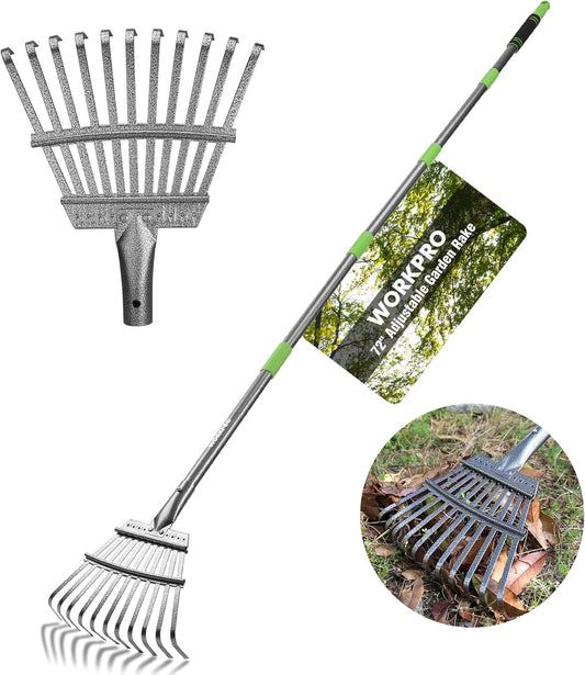WORKPRO Rake, Small Rake for Leaves with 72” Adjustable Long Handle, 11 Steel Tines, Heavy Duty Metal Leaf Rakes for Garden, Lawn, Yard, Shrub, Flower Bed, Narrow Rakes 9" Wide Head for Tight Spaces