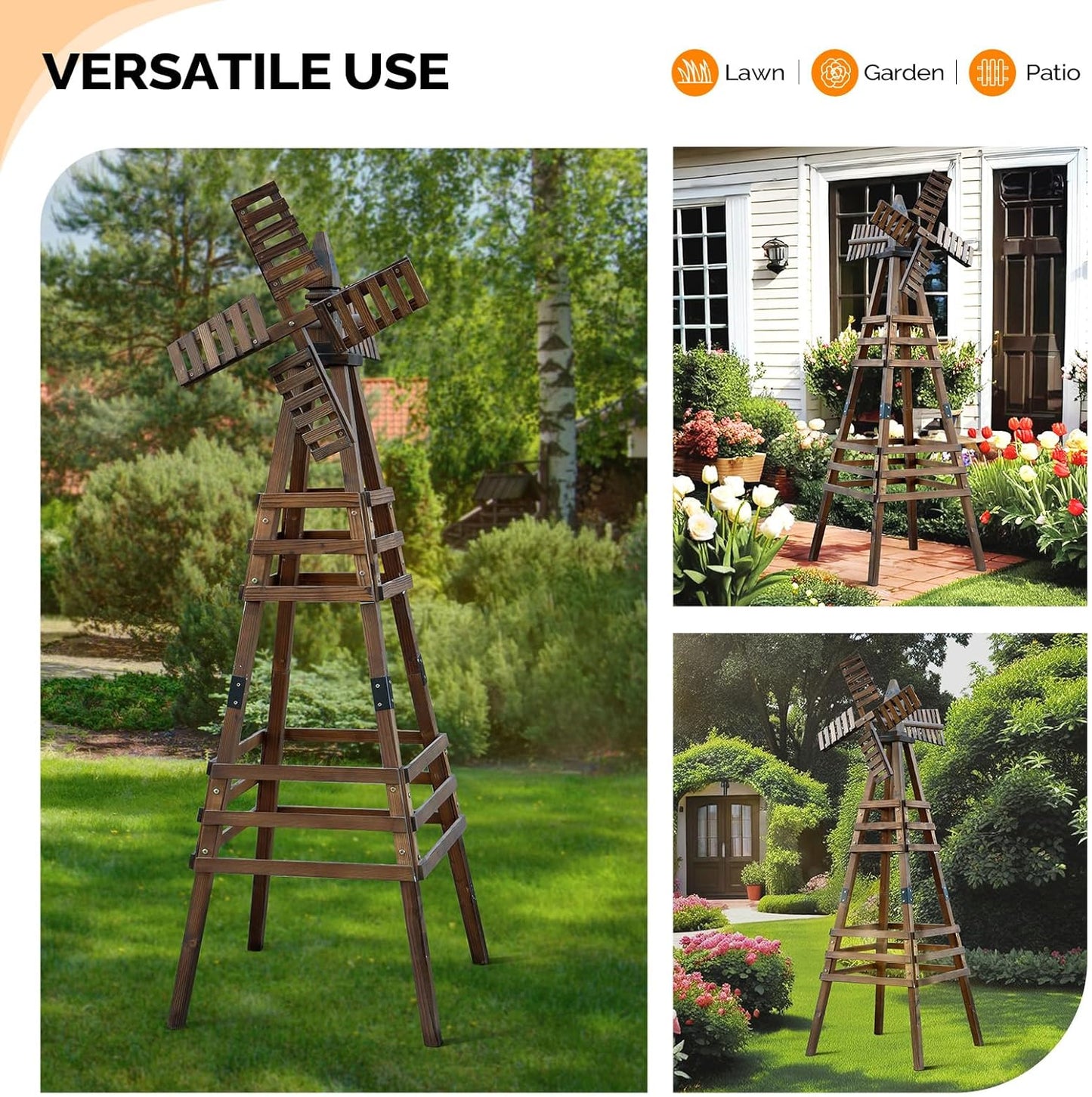 VINGLI Outdoor Yard Windmill, Wooden Wind Spinner for Garden Yard Lawn Patio Decoration (Carbonized Wood, Medium)