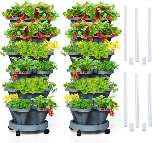 Strawberry Vertical Planters Tower Garden 2 Pack, 6 Tiered Stacking Herb Planter with Support Pole Indoor and Outdoor - Hunter Green