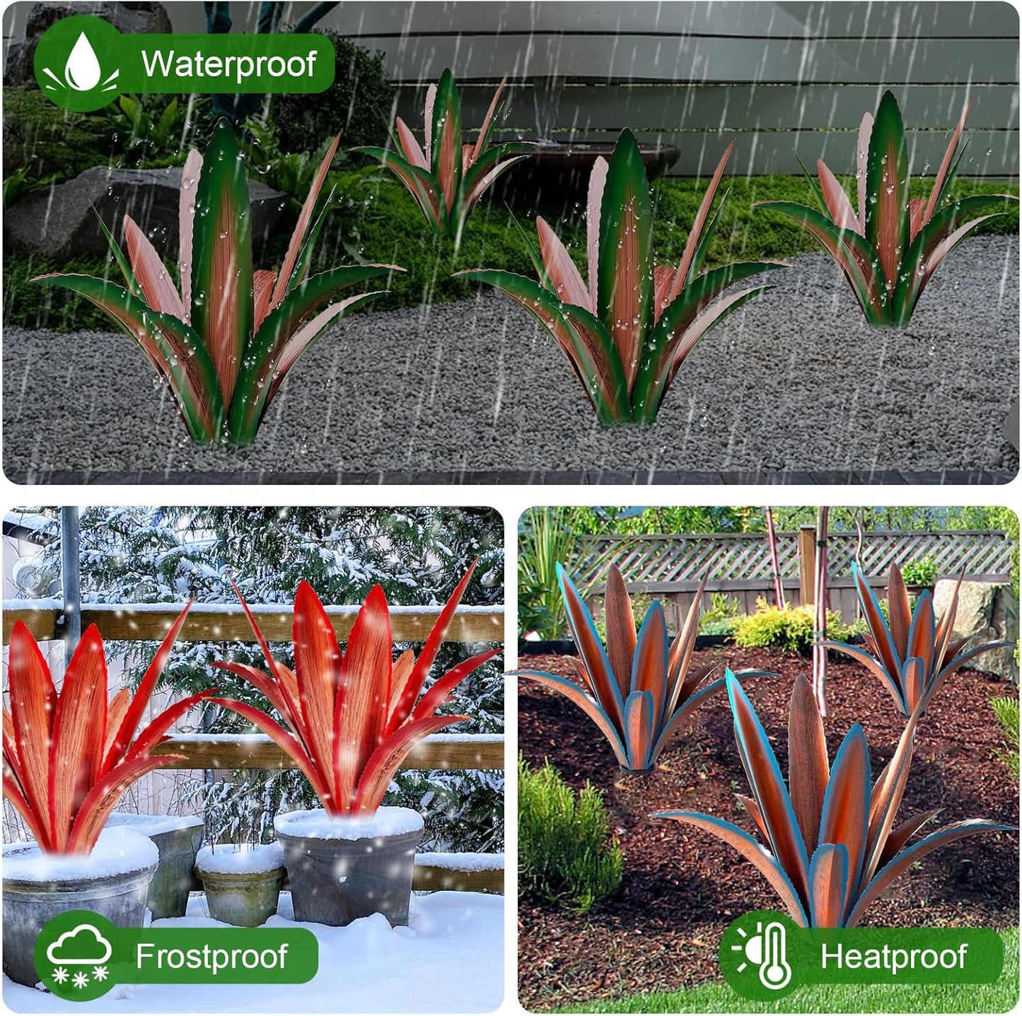 TOMBABY Enlarge thickened Wind Resistant Metal Agave Garden Art Plant Country Sculpture Statue Outdoor decoration Courtyard Lawn Ornament Gift (12 Leaves Green 2 pcs) (TB-410-415)