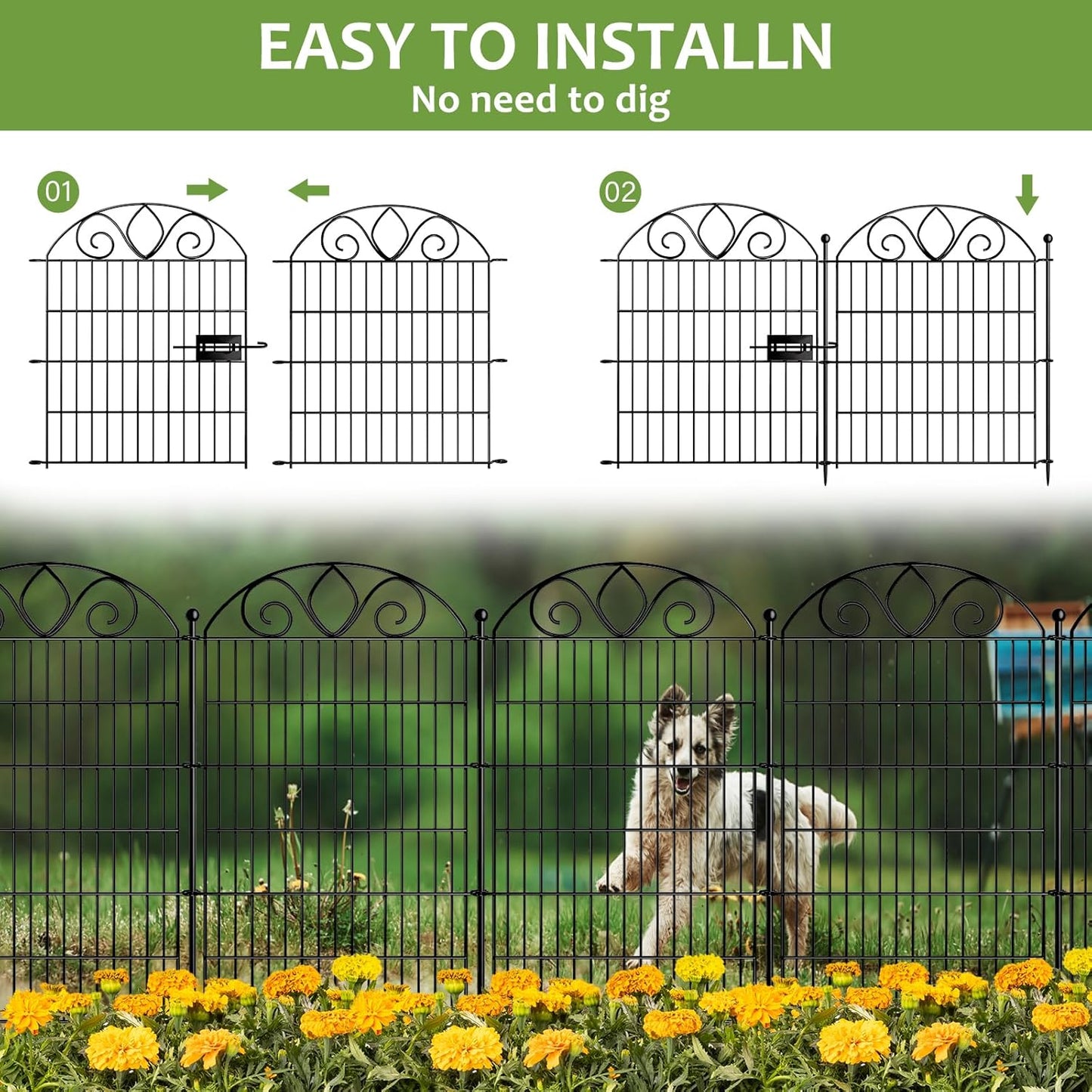 10 Panels No Dig Decorative Garden Fence Panel – 28" H X 19.6' L Rustproof Metal Dog Fence Outdoor for Yard, Animal Barrier Fence for Pet, Garden Border, Patio, Flower Beds| Temporary Fencing