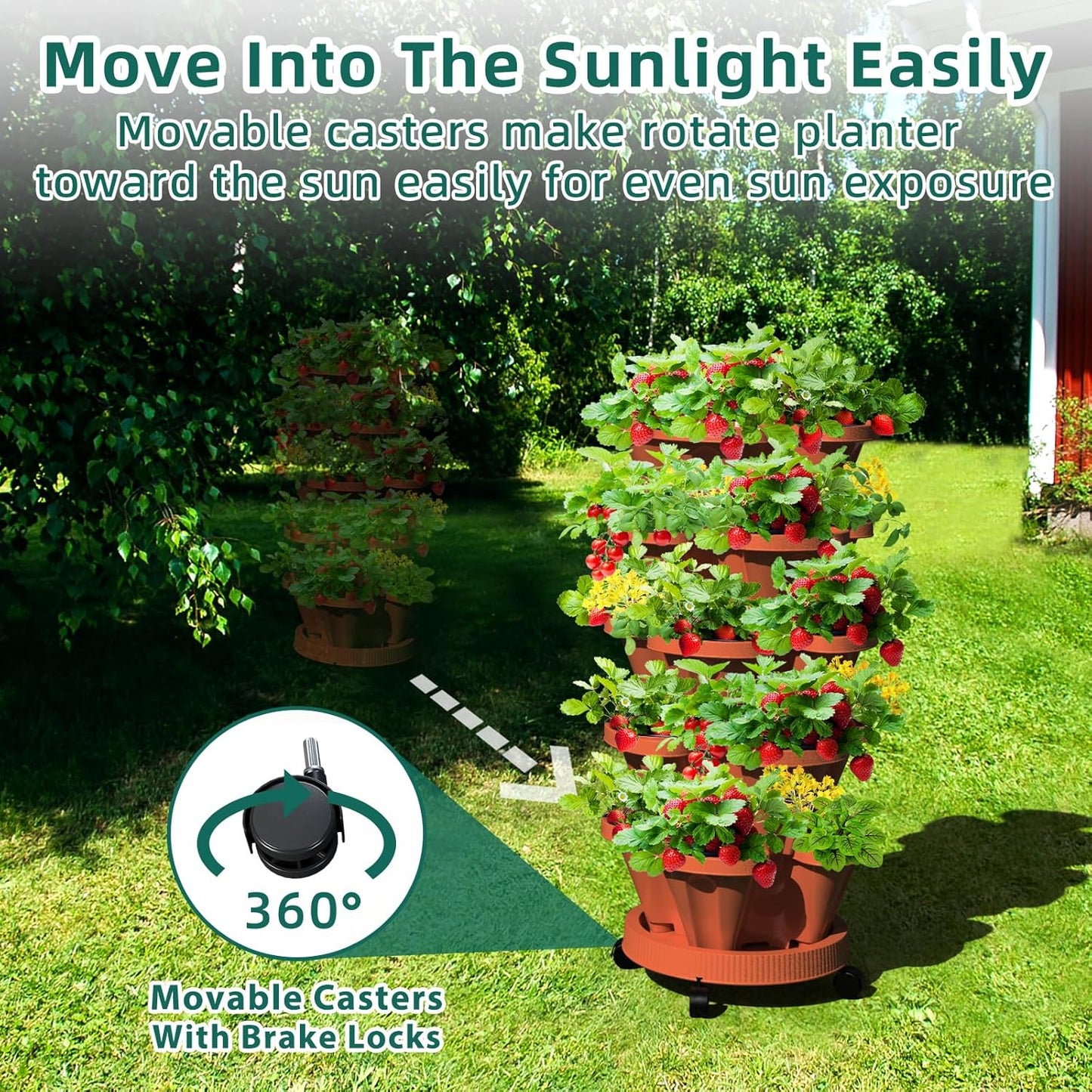 Strawberry Vertical Planters, 3 Tiered Stacking Tower Garden, Stackable Herb Vegetable Planters with Movable Casters and Bottom Saucer Indoor and Outdoor