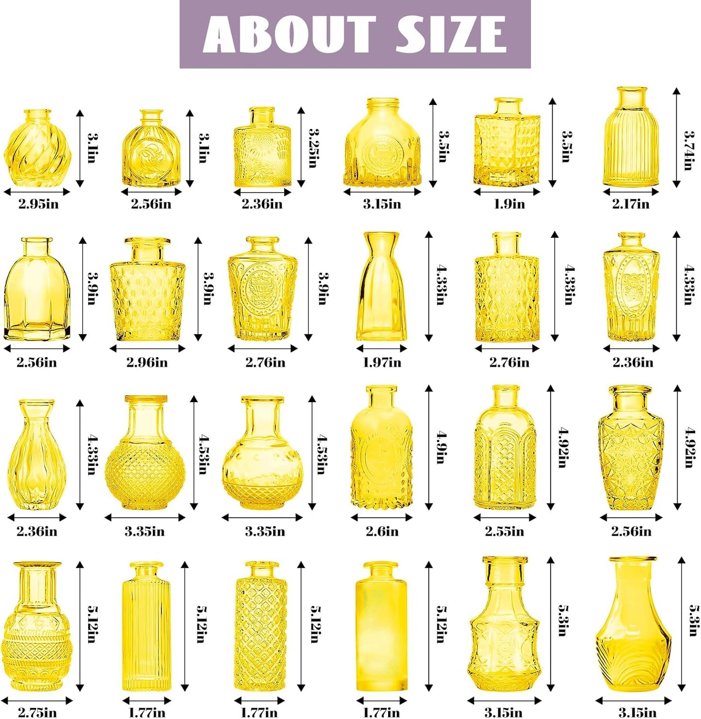 Light Yellow Glass Bud Vases Set, 24 Pcs Vintage Small Vases for Flowers, Crystal Mini Glasses in Bulk, Small Flower Design for Centerpieces Wedding Decorations Home Flower Party Decor