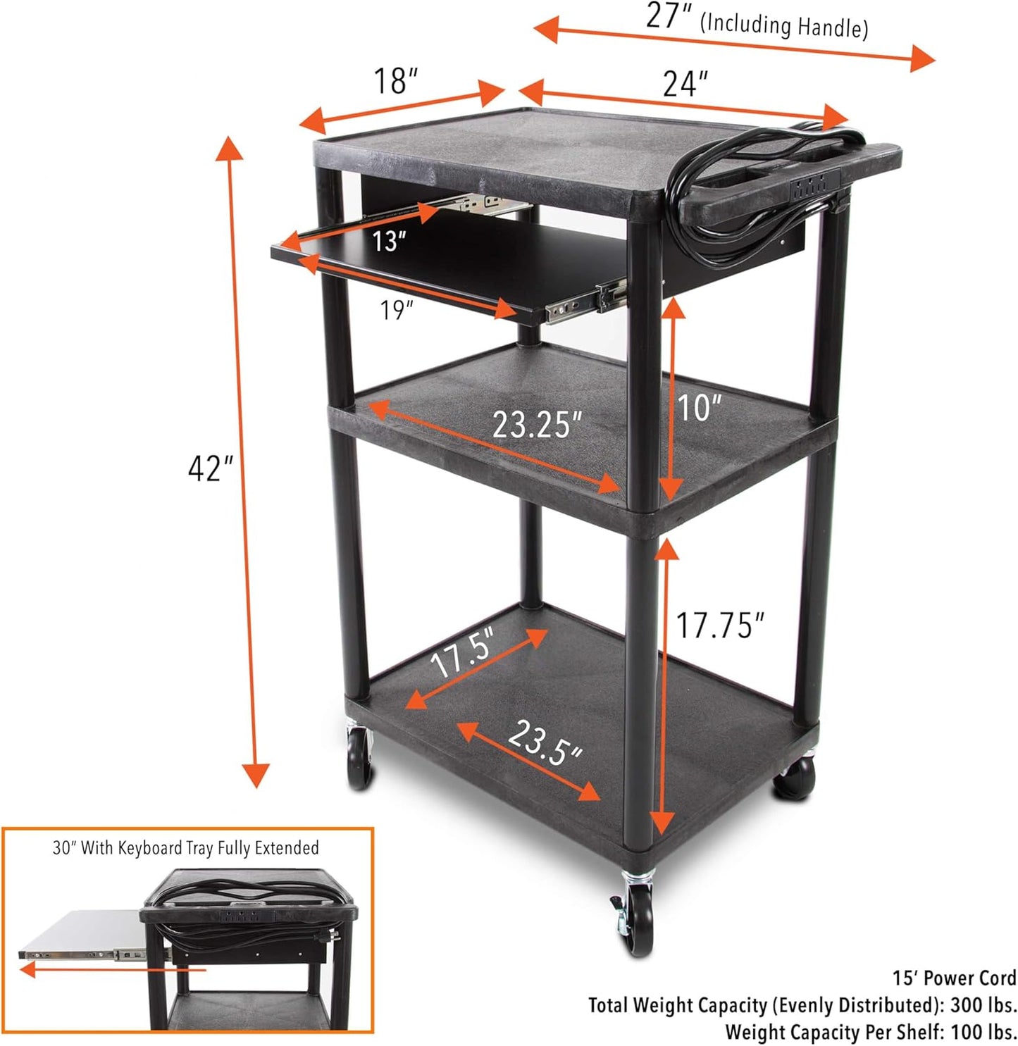 Stand Steady Line Leader 42" H Multipurpose Storage Utility Cart with 3 Shelves, Front Pullout Tray and Push Handle | Easy Assembly (24in x 18in x 42in / Black)