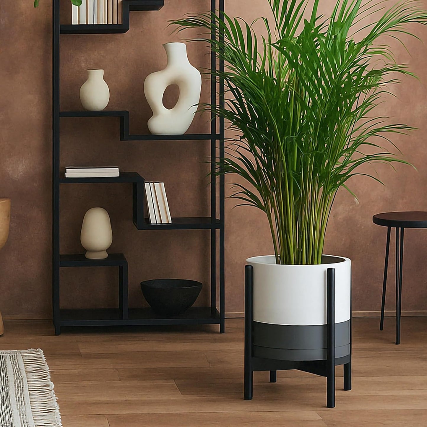 D'vine Dev Ceramic Planter with Ebony Stand - 12 Inch Modern Round Flower Pot with Wood Planter Holder, White/Grey, 55-B-H-6