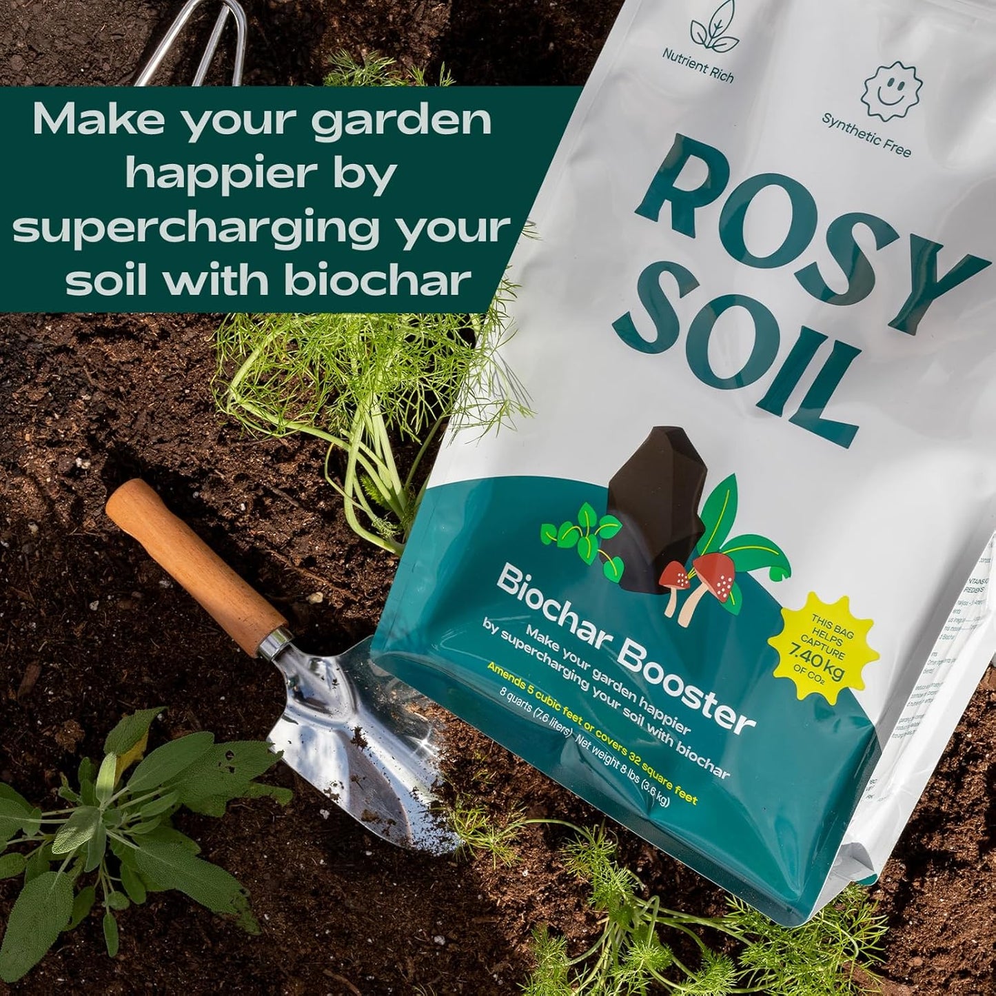 Rosy Soil Biochar Booster - Biochar Soil Amendment for Flowers and Vegetable Gardens - Horticultural Charcoal for Outdoor and Indoor Plants - Biochar Supplement for Potting Soil & Potting Mixes - 8qt
