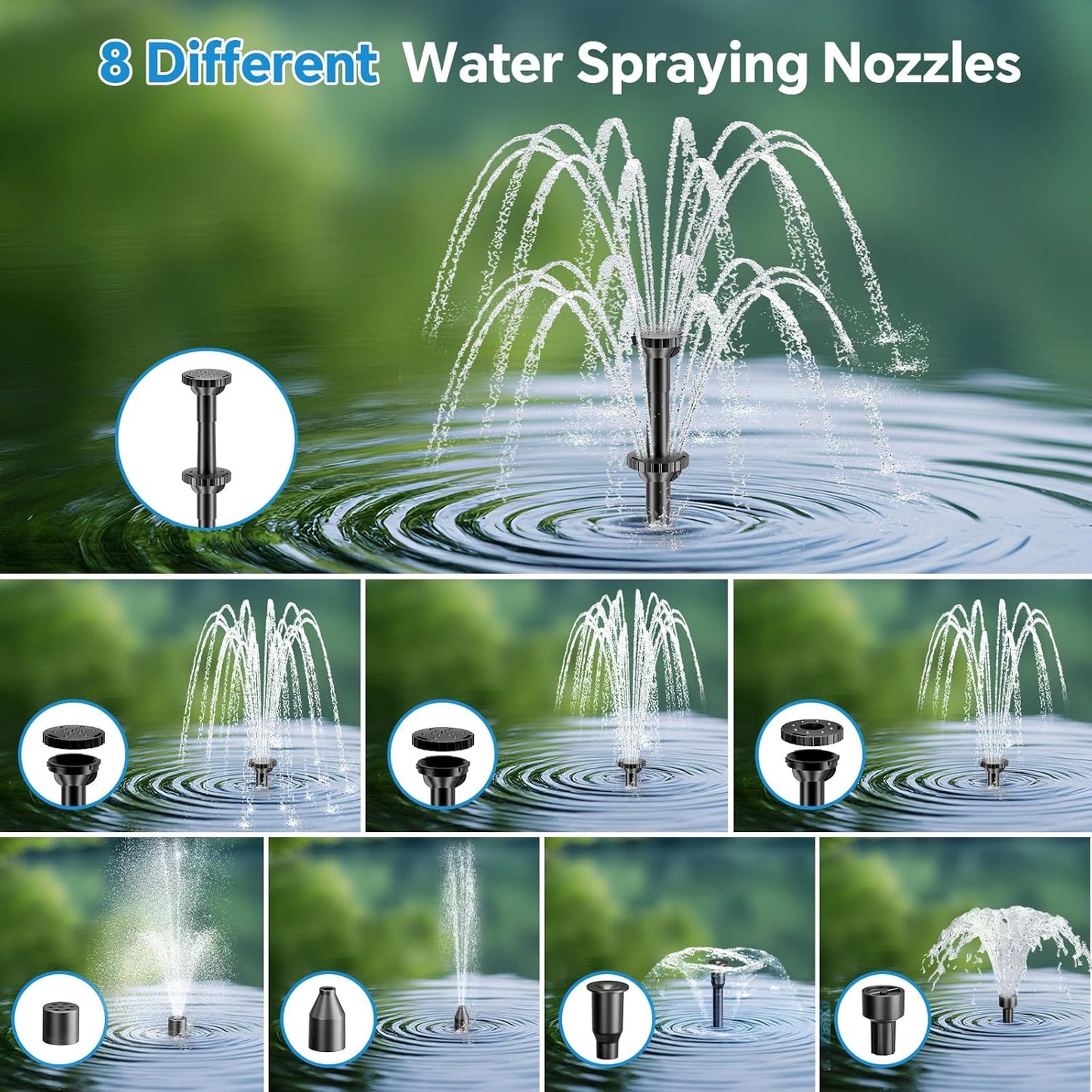 POPOSOAP 8W Solar Fountain Pump with Built-in 3600mAh Battery, Solar Powered Bird Bath Fountain with Dry-run Protection & Double-layer Nozzles 5Ft Tubing for Pond, Bird Bath, Backyard Water Feature