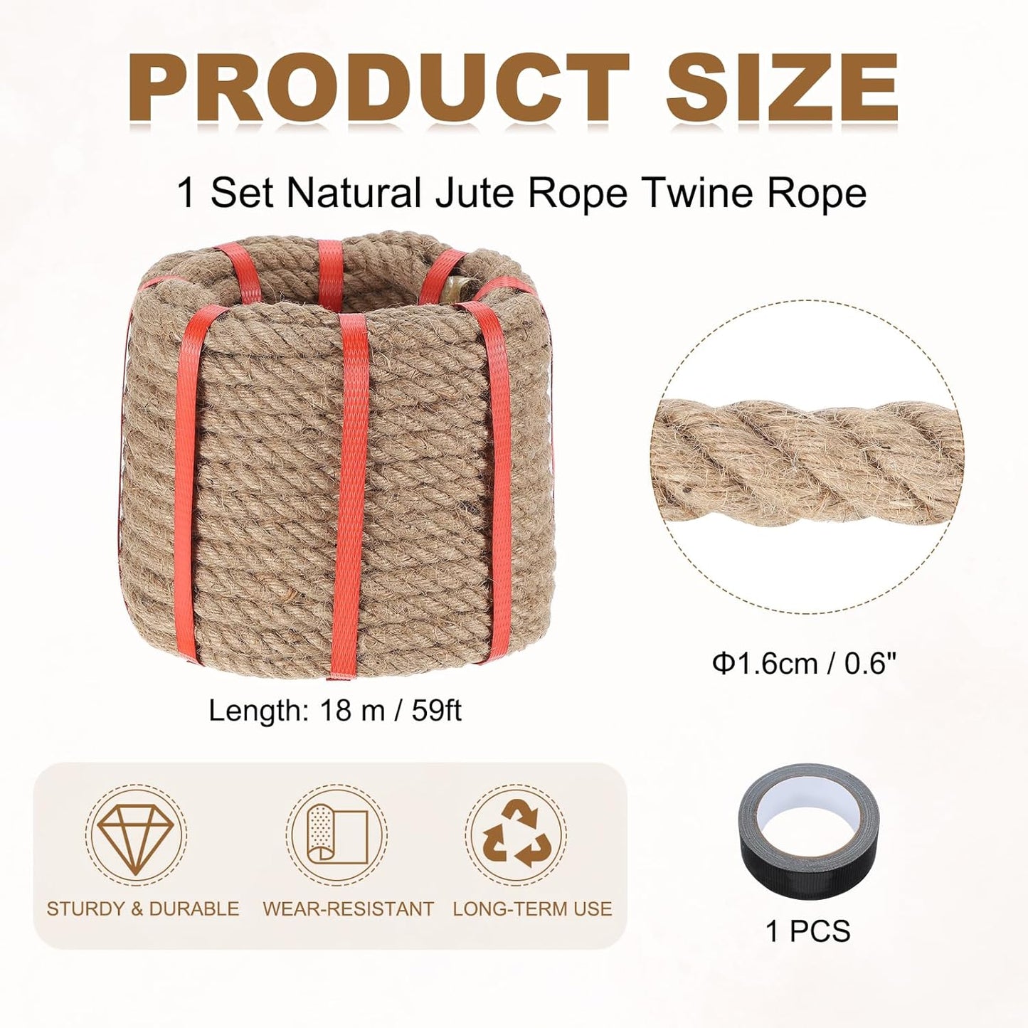 MECCANIXITY Jute Rope 0.6 Inch x 59ft, Thick Twine Rope Ropes Braided Jute Twine Natural Brown Burlap Cord String Heavy Twisted with Tape for Decorative Crafts Railing Swing Tug of War