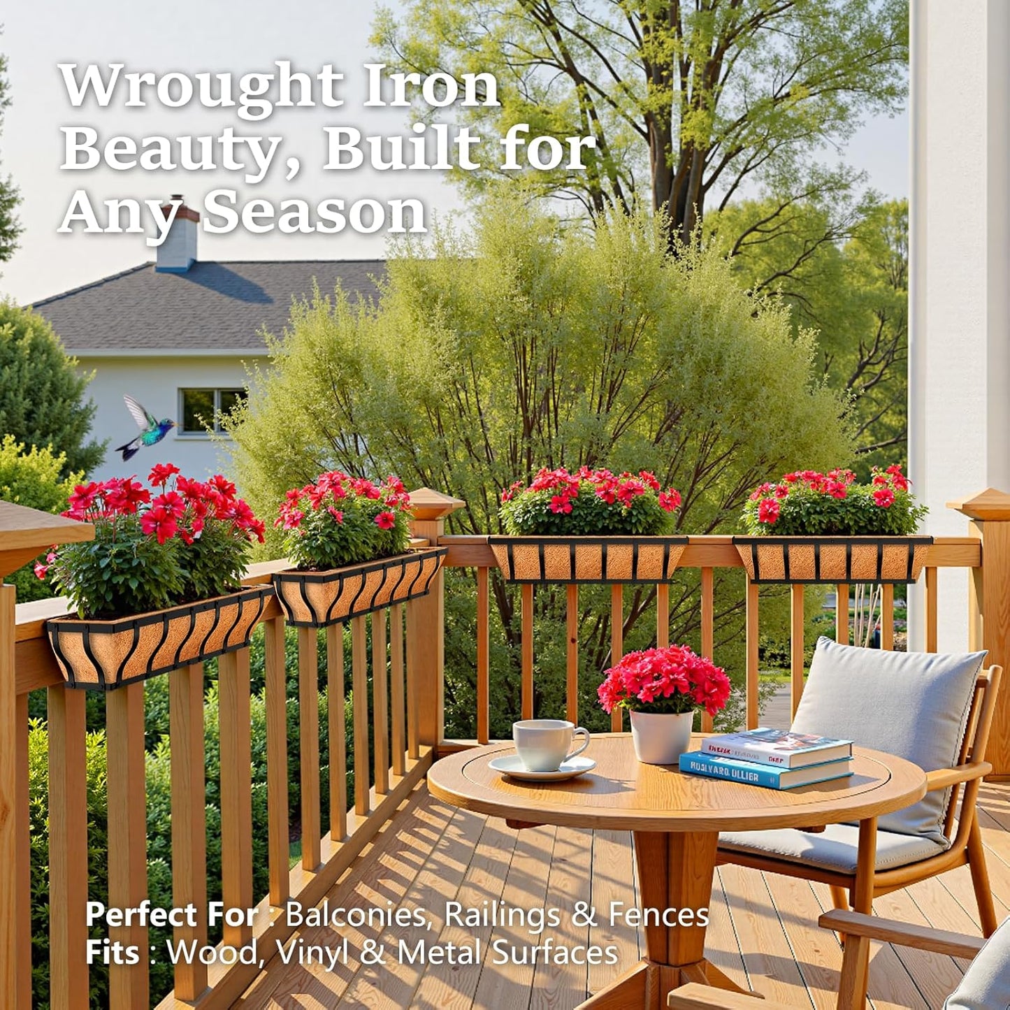 Railing Planter Boxes, Heavy Duty Window Box Planters, Adjustable Balcony Planters for Railing Hanging, with Coco Liner & Support Rod for Deck, Porch, and Patio Gardening (2 Pack, 24 Inch)