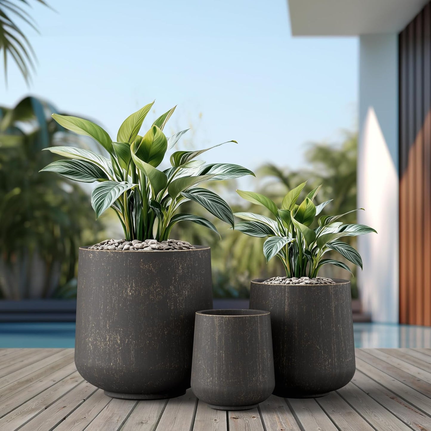 Kante 15.3"+11.6"+8.2" Dia Round Concrete Planter, Large Outdoor Indoor Planter Pots Containers with Drainage Holes and Rubber Plug for Home Garden Patio, Oil Rubbed Bronze