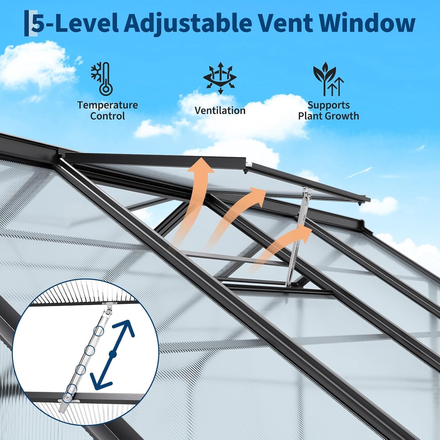 6x6 FT Outdoor Walk-in Greenhouse,All-Season Polycarbonate Garden Greenhouse with Reinforced Aluminum Frame, Roof Vent, Lockable Door & Easy Setup – Includes Ground Nails & Drainage(Black)