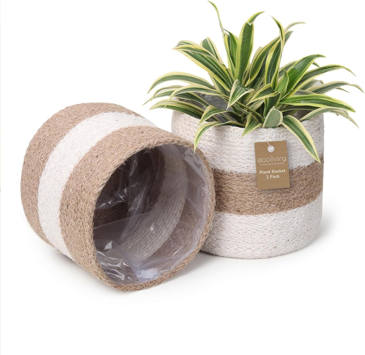 Jute Planter Basket -Sustainable Woven Rope Covers for Decorating Indoor/Outdoor Plants Pots 6.5x6.5x6 Inches Ideal Size for 6" Planter-Multi-Purpose Storage Set of 2 White & Natural Jute