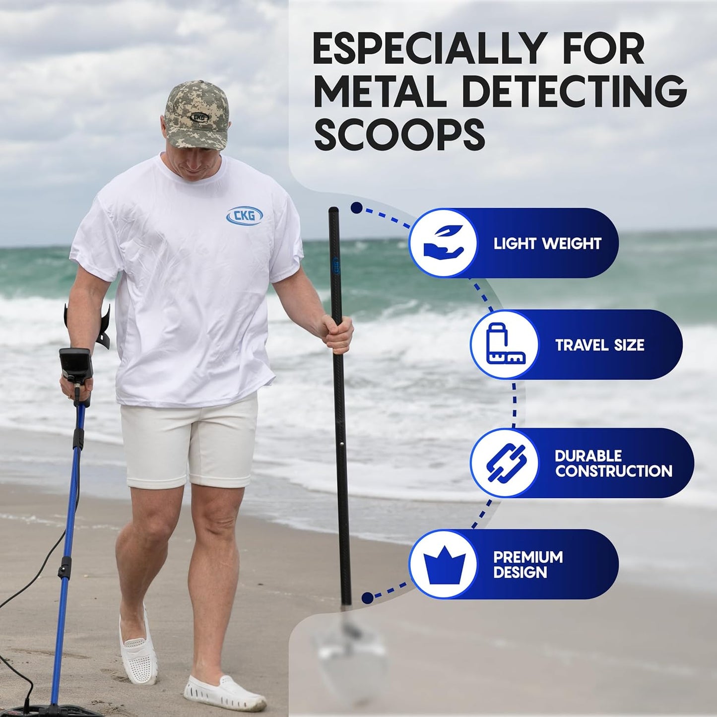 CKG Metal Detector Shovel Travel Carbon Handle Total Length 45.5' Diam 1.1 for Scoop Shovel, Universal Lightweight Pole for Beach Metal Detecting Digging Tools – Black/Travel Size