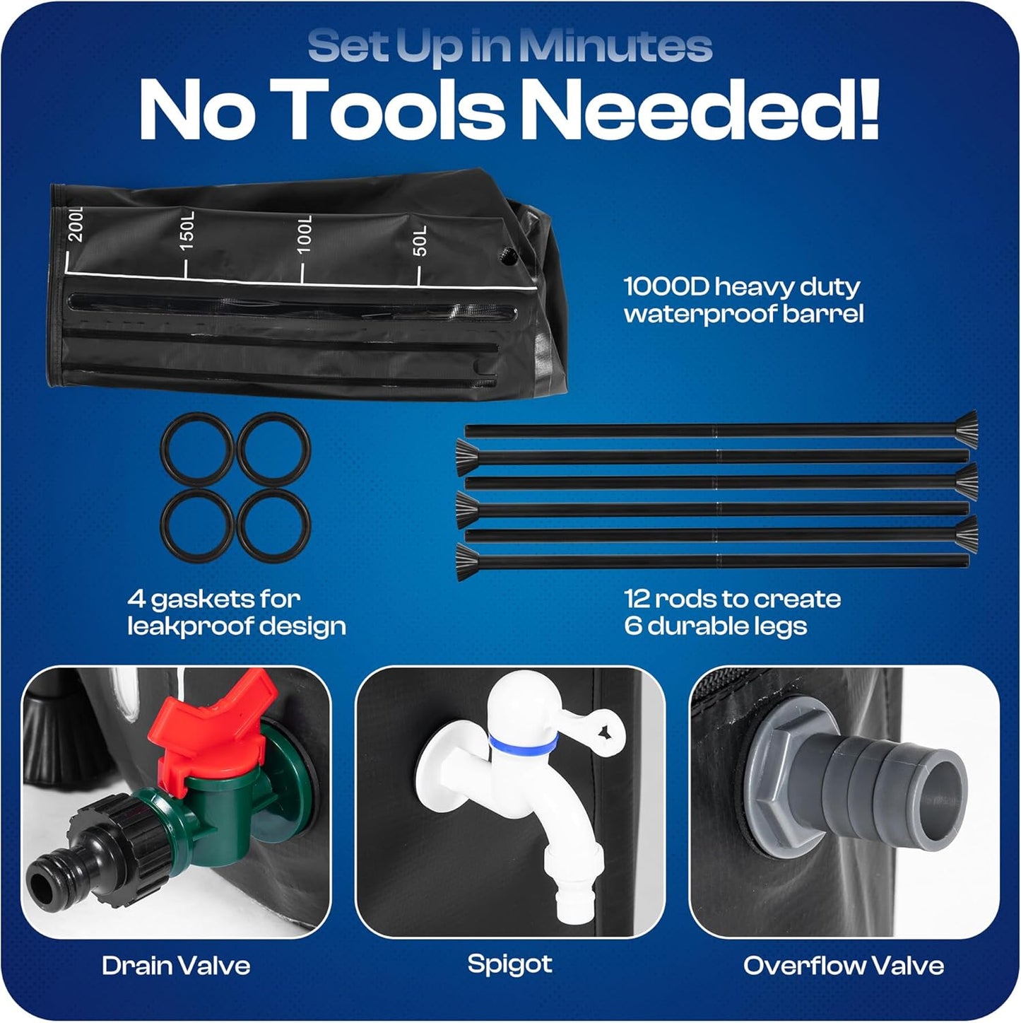 Collapsible Rain Barrel, Portable Rain Water Collection System Kit, 53 Gallon – Foldable Water Tank & Storage Reservoir with Spigot for Garden, Lawn, & Emergency Use