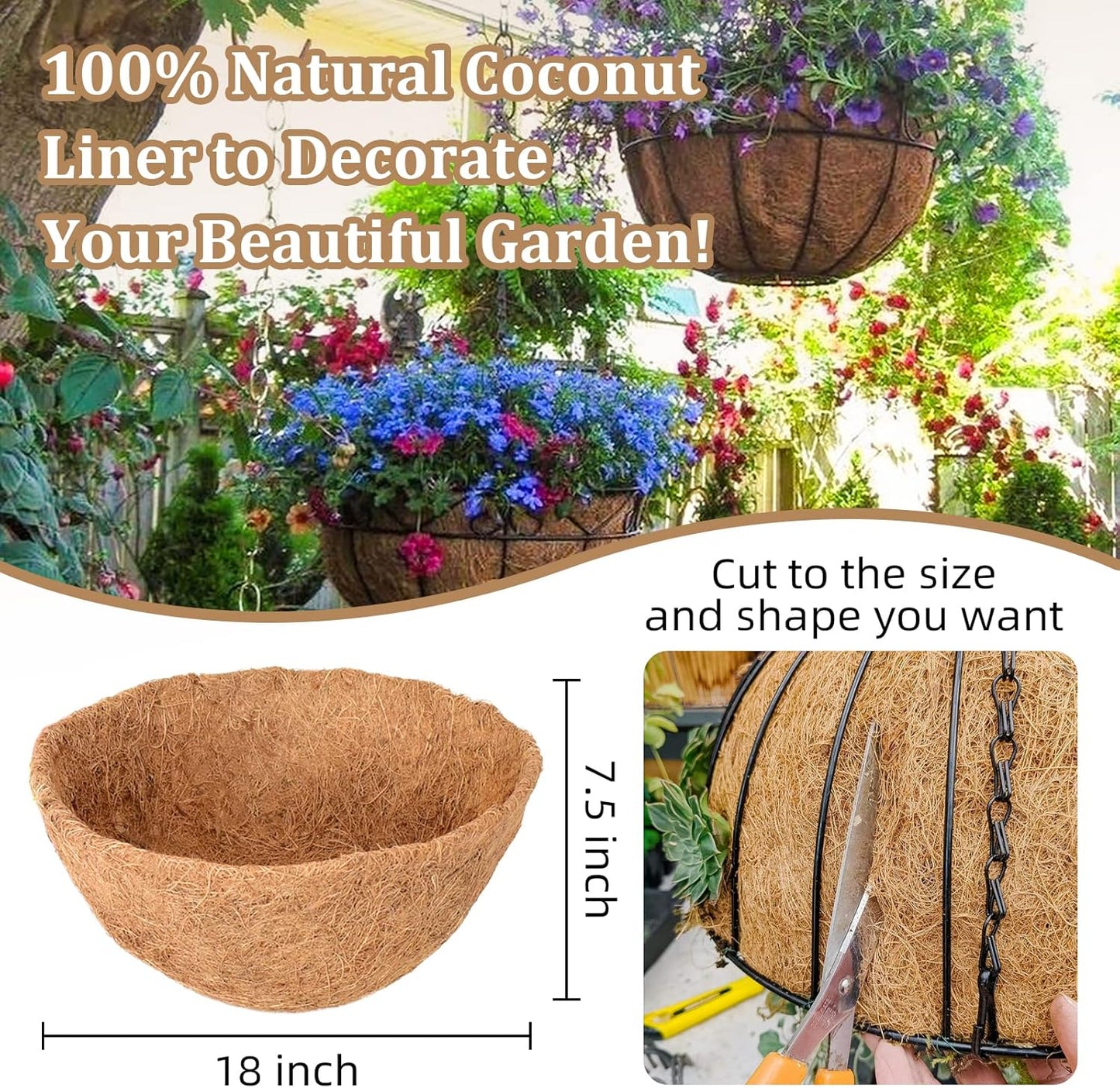 Legigo 4 Pack 18 Inch Hanging Basket Coco Liners Replacement, 100% Natural Round Coconut Coco Fiber Planter Basket Liners for Hanging Basket Flowers/Vegetables