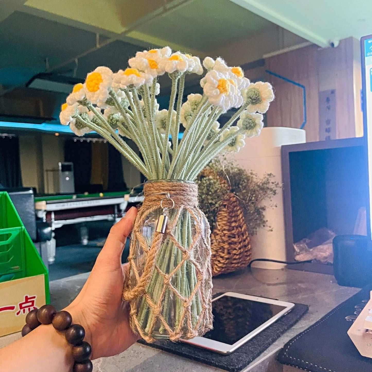 Set of 2 Rattan Hanging Mason Vase - Decorative Jars With Rope for Wedding Party Table Sea Beach Decor (2 Vases 8'')