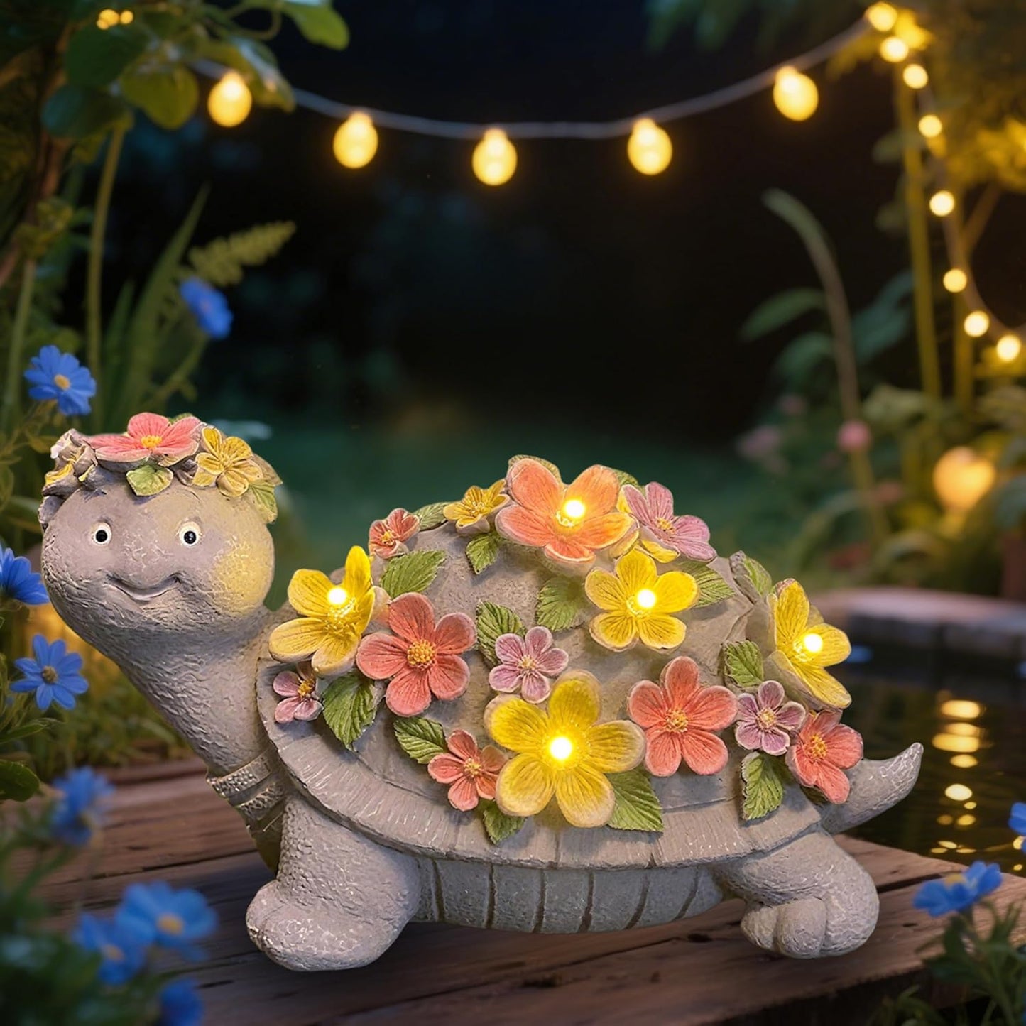 Solar Turtle Statues Garden Decor - Cute Turtle Figurine with Flowers Solar Lights, Tortoise Statue for Outdoor Yard, Lawn, Patio Decoration - Birthday Gifts for Mom Grandma Women