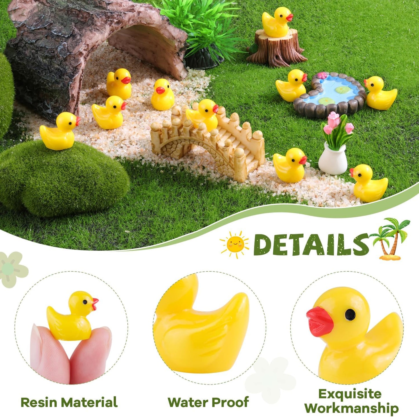 150PCS Mini Resin Animals Cute Yellow Tiny Ducks,Miniature Duck Figures to Hide,Little Animal Toys Small Figurines Bulk for Topper Desk Garden Dollhouse Landscape Aquarium Ornaments DIY Crafts & Decor
