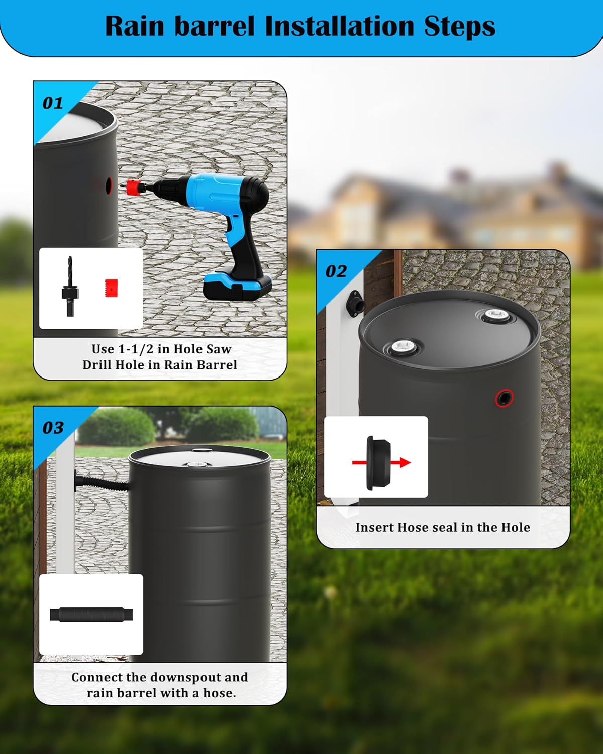 Rain Barrel Diverter Kit - Rain Barrel Downspout Diverter for Rectangular Downspouts, Easily Turn Plastic Containers into Rain Barrels, Easy Installation Without Dismantling (with Hole Saw Set)