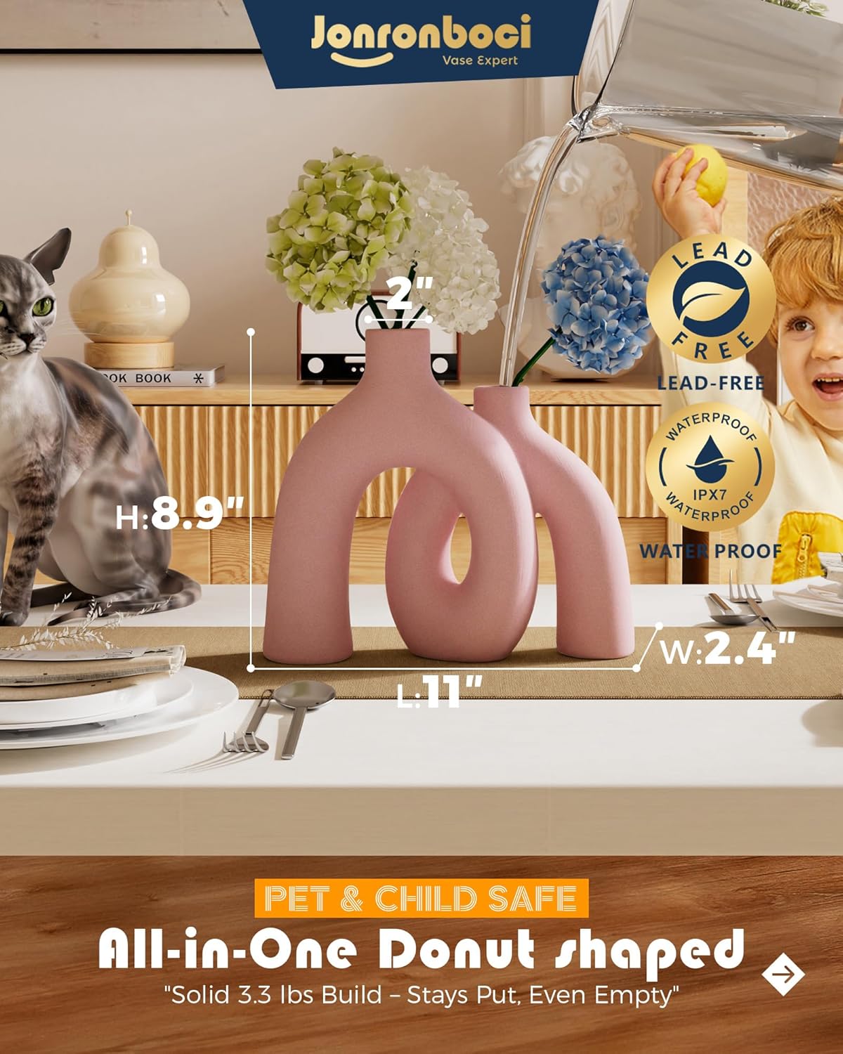 Hug Donut Decorative Vase Set - Light Pink Modern Glam Eclectic Style Vases Home Decor, Matte Ceramic Decorations for Living Room Shelf, Bookshelf Mantle Entryway Table or Console Décor(Pink)