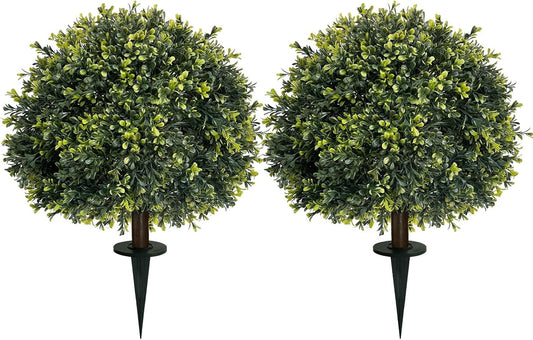 ICX 2 Pack 24" Artificial Boxwood Topiary Ball Trees with Ground Spike,Artificial Plants Outdoor,Fake Bushes & Shrubs for Porch, Garden, Front Porch Decor - Indoor/Outdoor Faux Plants