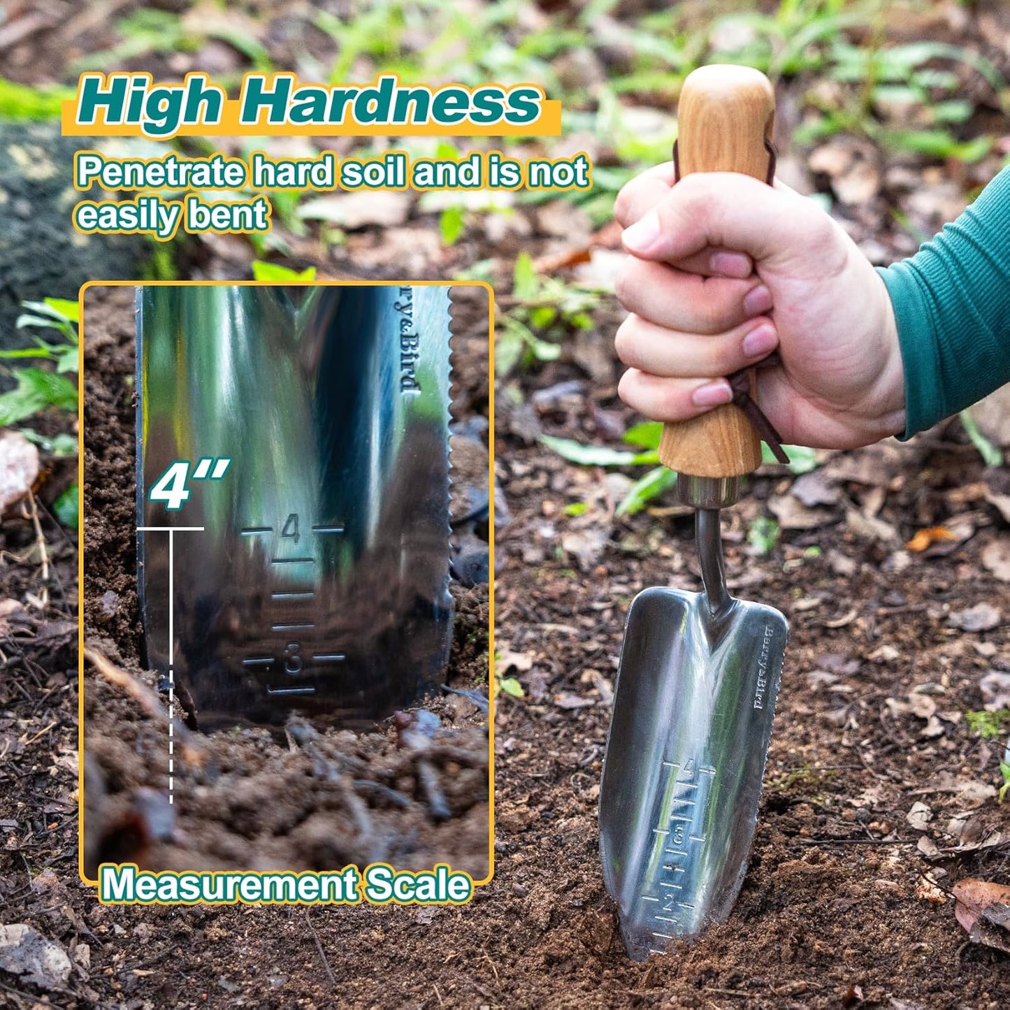 Berry&Bird Potting Trowel, Stainless Steel Serrated Hand Shovel, Wood Handle Garden Trowel Tool with Measuring Scale for Effortless Digging,Roots，Planting, Cutting and Transplanting