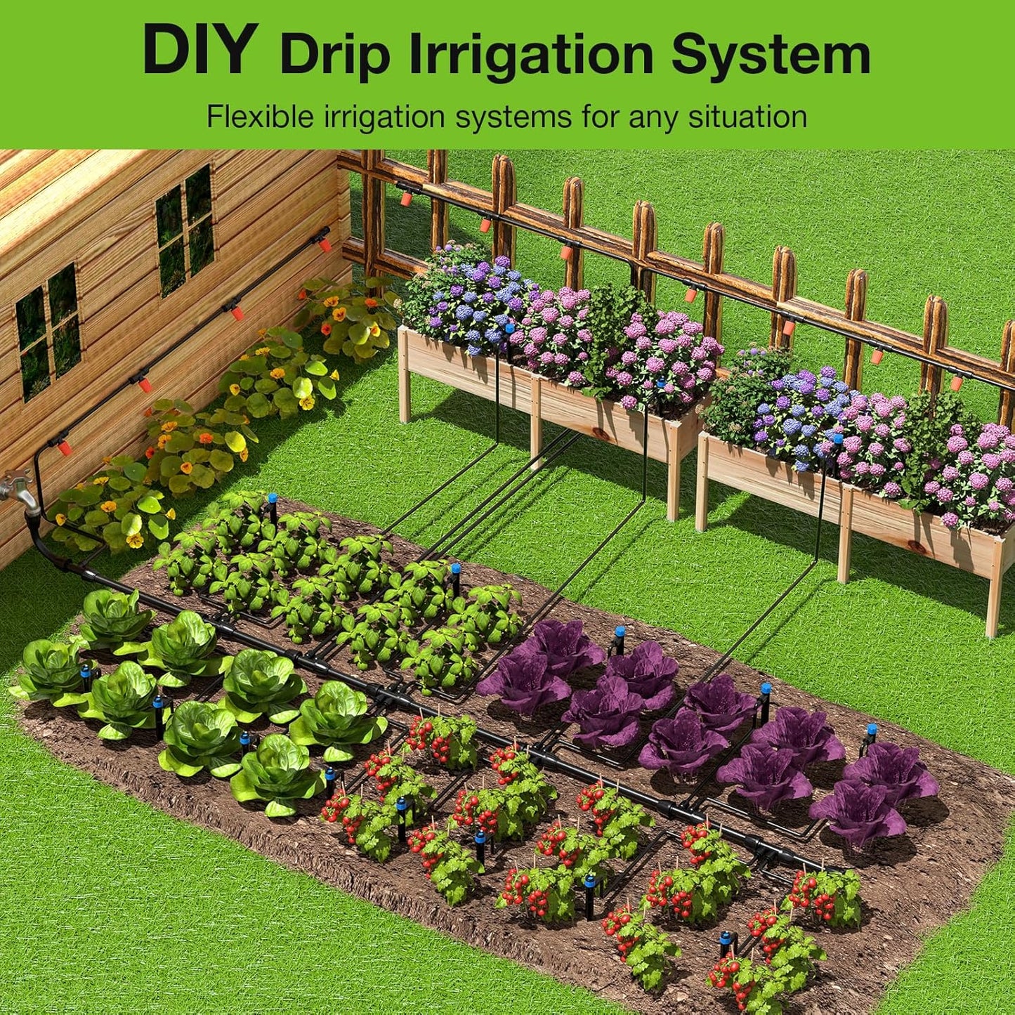 MIXC Greenhouse Micro Drip Irrigation Kit Automatic Irrigation System Patio Misting Plant Watering System with 1/4 inch 1/2 inch Irrigation Tubing Hose Adjustable Nozzle Emitters Barbed Fittings