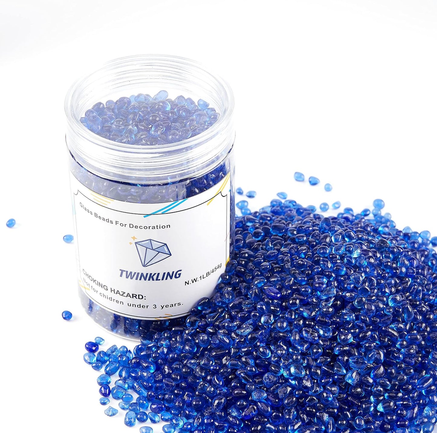 TWINKLING High Luster Round Fire Glass Stones,Glass Marbles Pebbles,Glass Beads Gems for Fire Pit Vase Fillers Crafts Aquarium Garden Decoration,3-6mm,1-Pound Jar (Cobalt Blue)