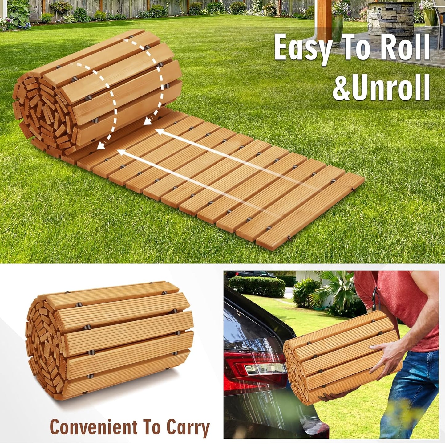 8FT Wooden Garden Pathway,Outdoor Roll Out Decorative Straight Walkway,Weather-Resistant Patio Path,Non-Slip Pavers Boardwalk for Garden, Backyard, Beach, Wedding Party Pathways