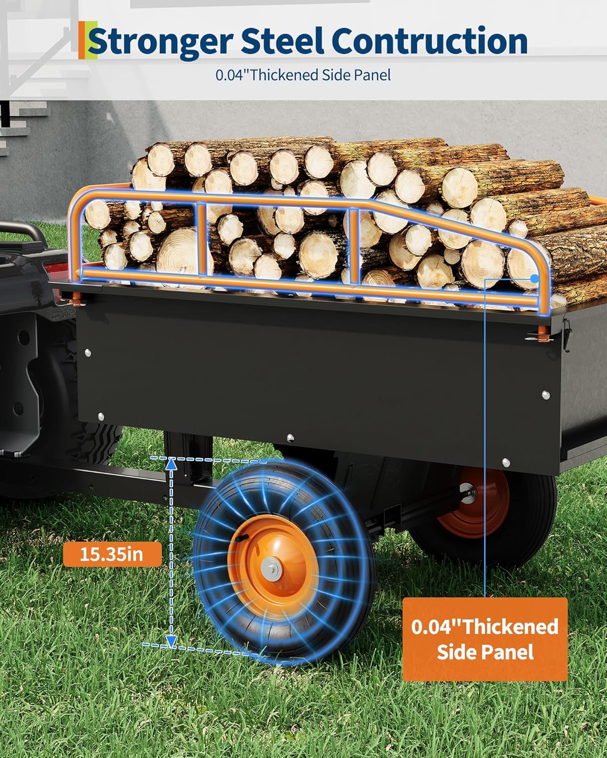 Heavy Duty ATV Trailer Steel Dump Cart, 750 LBS 15 Cubic Feet, Garden Utility with Removable Sides for Riding Lawn Mower Tractor