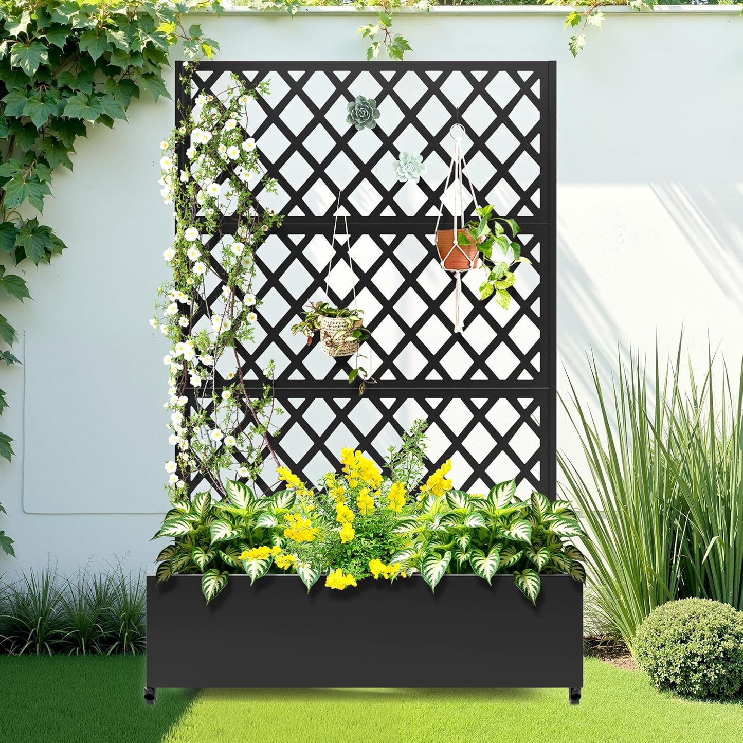 Metal Raised Garden Bed with Trellis and Wheels, 2 in 1 Trellis with Planter Box & Privacy Screen for Climbing Plants, Outdoor Standing Flower Beds with Drainage Holes, 47.2''L×15.7''W×70.9''H, Black
