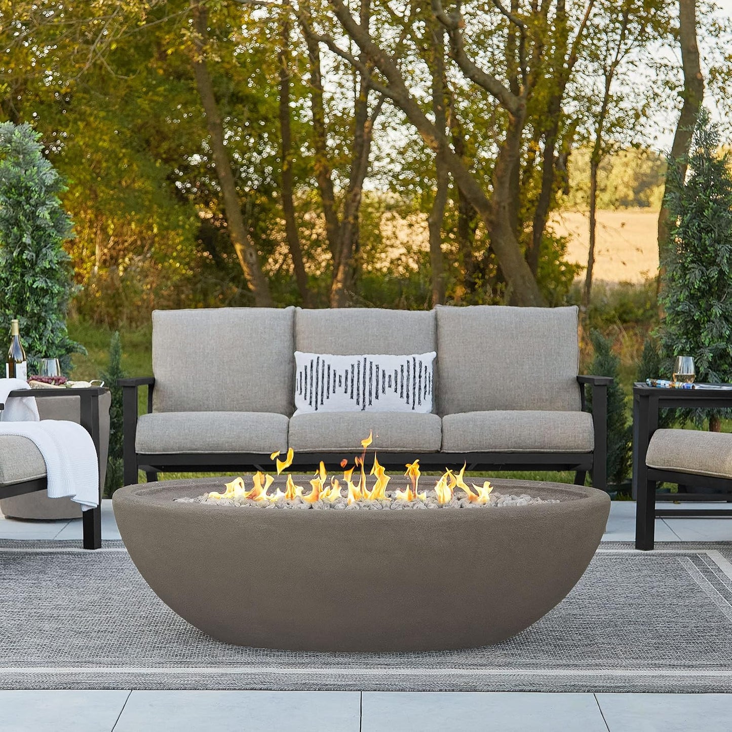 Real Flame Riverside 58" Oval Propane Fire Pit Bowl, Push-Button Ignition, Includes 28" Stainless Steel Burner, Lightweight 50,000 BTUs of Heat - Adjustable Flame Height