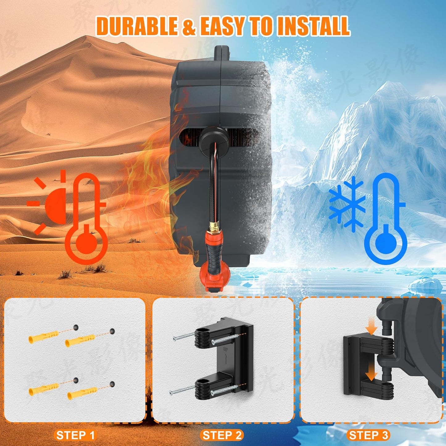 NEOTEC Retractable Garden Hose Reel 5/8 inch x 90ft - Wall Mounted Heavy Duty Hose Reel with 3/4 Inch Brass Fittings & 9-Pattern Nozzle - Auto Rewind System, Any Length Lock, 180° Swivel Bracket