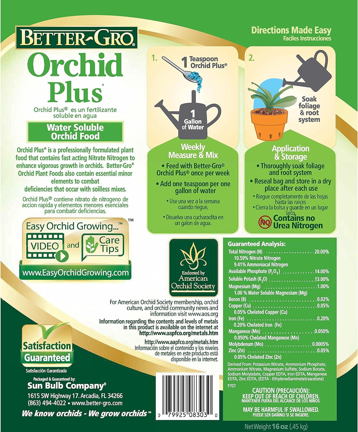 Better-Gro Orchid Plus 20-14-13 - Urea-Free Orchid Fertilizer for Vigorous Growth, Water Soluble, Nitrate Nitrogen-Rich, Ideal for Indoor Potted Plants and Tropical Plants - 16 oz Resealable Bag