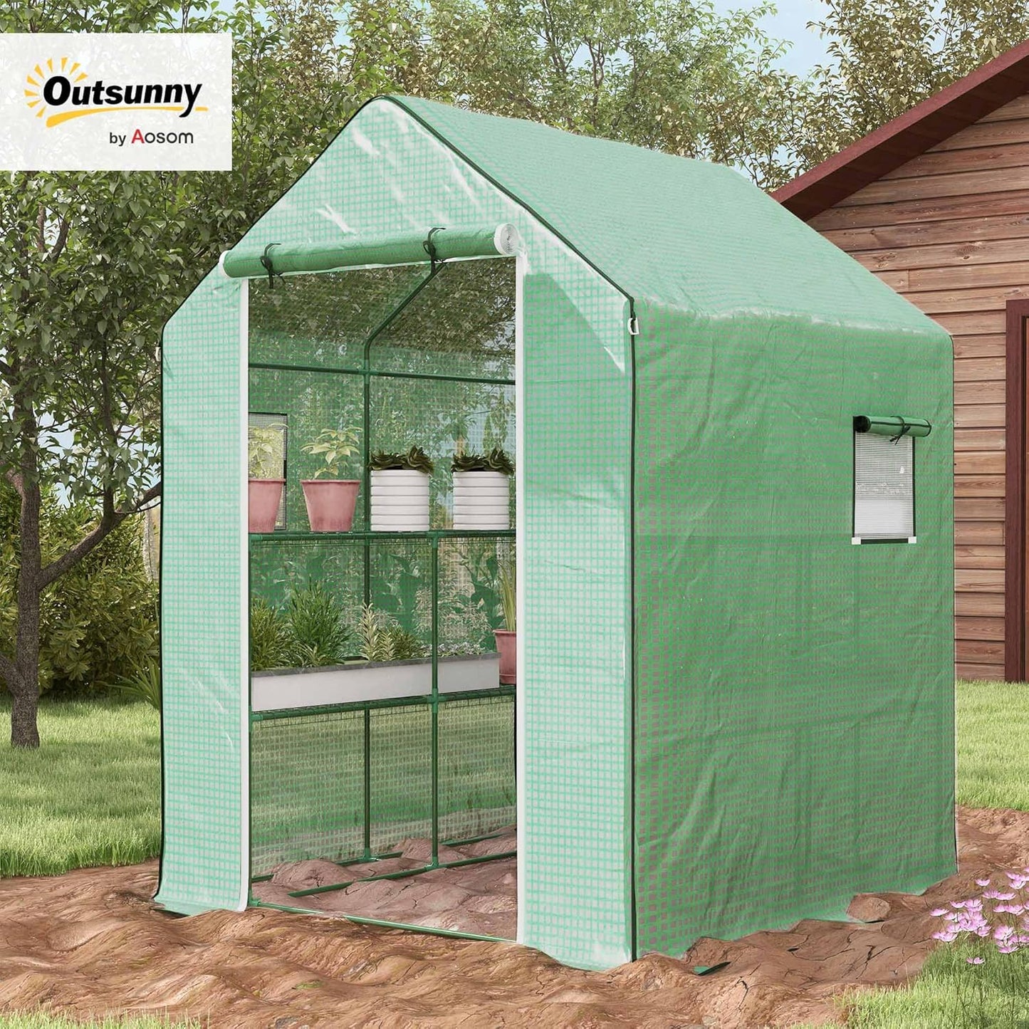 Outsunny 4.6' x 4.7' Portable Greenhouse, Water/UV Resistant Walk-in Small Outdoor Green House with 2 Tier U-Shaped Flower Rack Shelves, Roll Up Door & Windows, Green