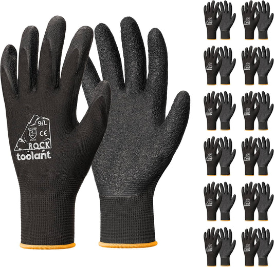 toolant Crinkle Latex Work Gloves Bulk, Rubber Coated Safety Work Gloves for Men and Women, 12 Pairs for Construction, Gardening, Warehouse (Black, Large)
