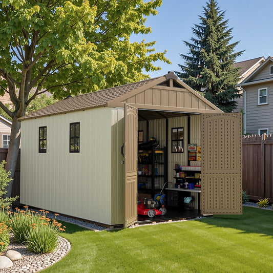 Patiowell 8 x 12 FT Plastic Outdoor Storage Shed with Floor, Resin Shed with Window and Lockable Door for Garden, Backyard, Tool Storage Use, Easy to Install in Brown (Kick-it Shed)