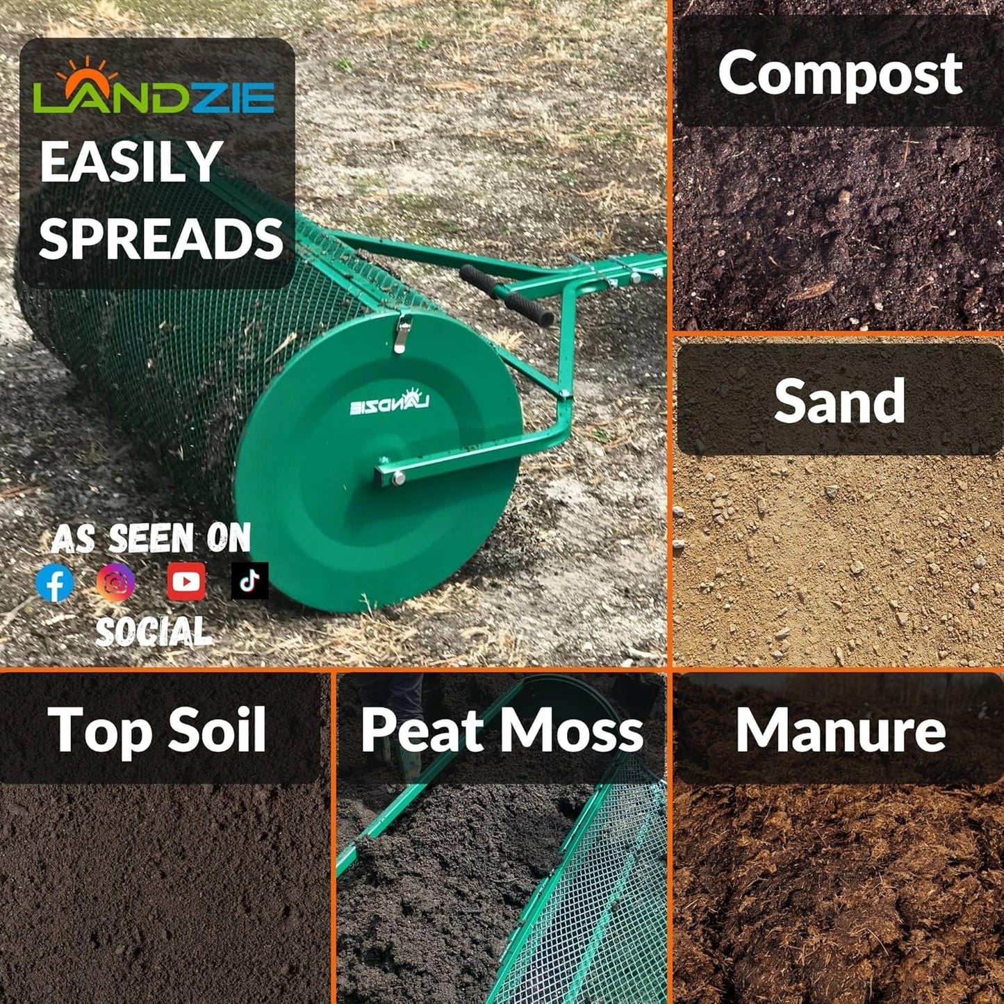 LANDZIE Lawn & Garden Spreaders - 44 Inch Heavy Duty Metal Mesh Basket Push/Tow Spreader - Compost, Peat Moss, Top Soil, Mulch - Durable Lightweight Multi-Purpose Yard Care Equipment - Manure Spreader