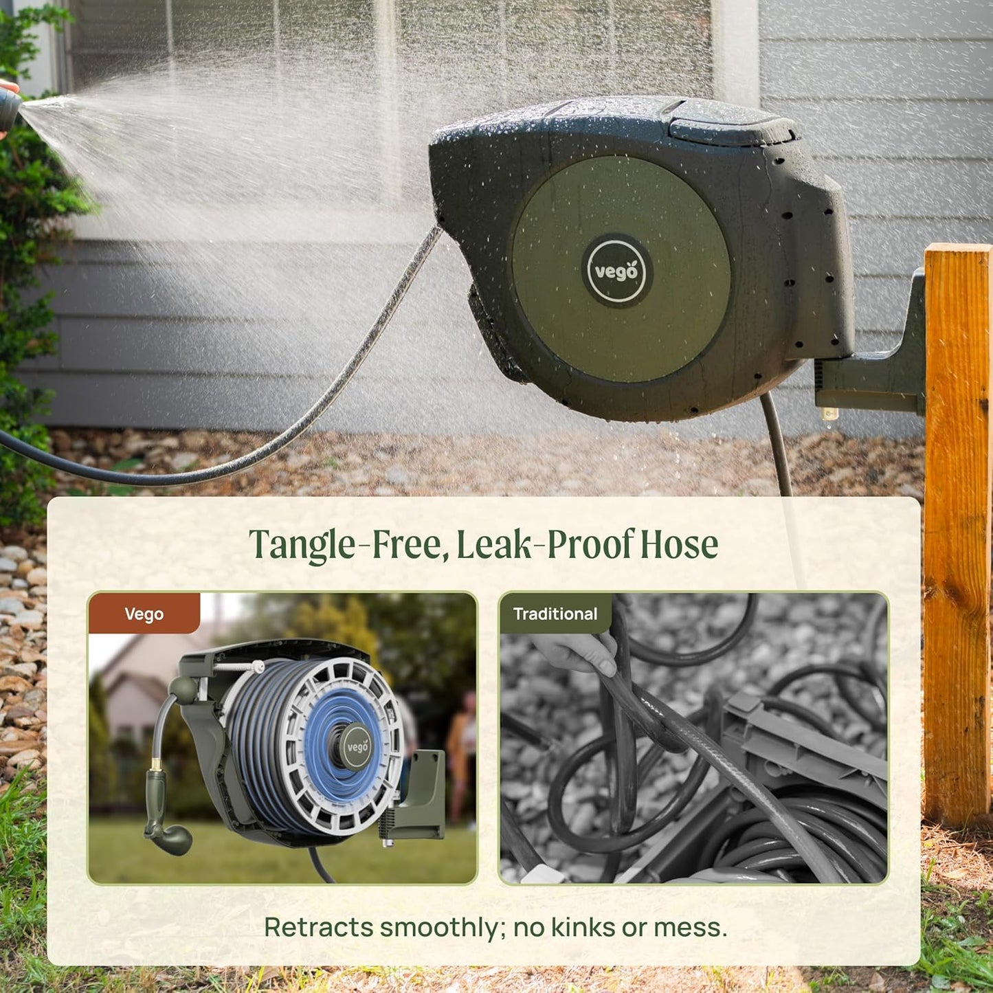 Vego Garden Hose Reel Retractable Hi-Flow x 100ft Wall Mounted Hose Reel Automatic Rewind, Any Length Lock with 9 Patterns Sprayer Nozzle, Quick Connector and Adjustable shot Nozzle-Cloud White