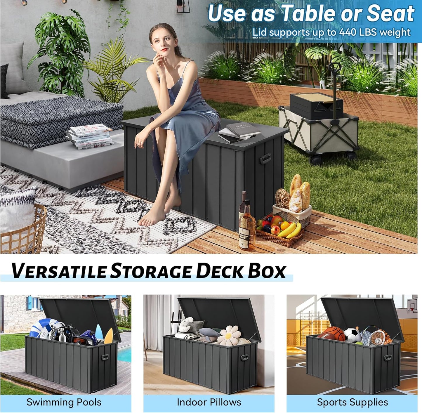 190 Gallon Metal Deck Box, Waterproof Steel Outdoor Box, Large Patio Furniture Storage Cabinet, Lockable Storage Bench for Porch Package Delivery, Pillows, Cushions, Pool, Tools, Backyard, Grey