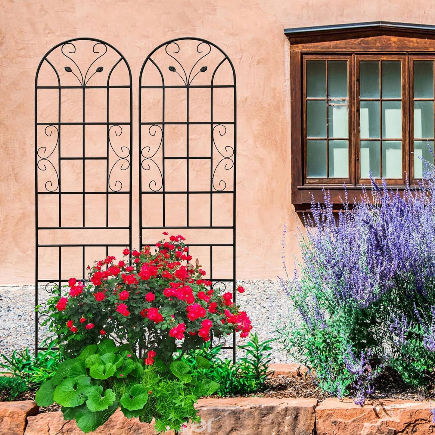 2 Pack Metal Garden Trellis for Climbing Plants, 86.7" Tall Rustproof Outdoor Trellis Panel with Vine Lines Design, Decorative Black Iron Plant Support for Vine, Rose, Flower, Garden Wall