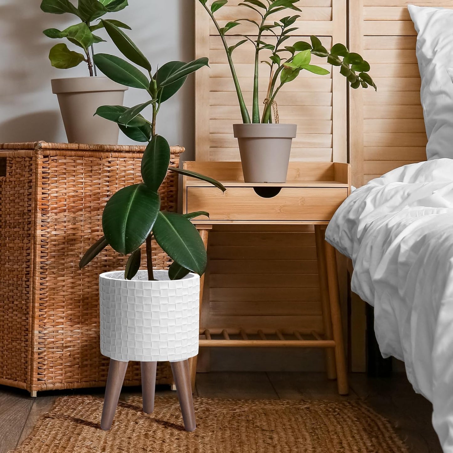 D'vine Dev 8 Inch Modern Geometric Tile Patterned Sleek Planter Pot with Stand, Indoor Outdoor Decorative Plant Holder, Matte White, 88-Z-A-1