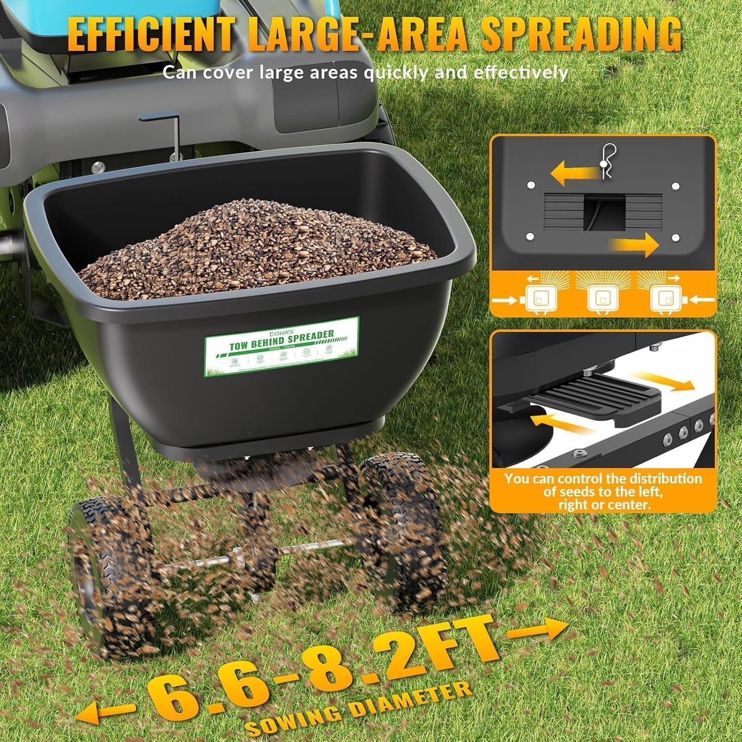 Tow Behind Broadcast Spreader, 200 LB Capacity,Fertilizer Spreader Holds up to 550 lbs with 13" Pneumatic Tires and Adjustable Flow Control Lever,for Fertilizer, Grass Seed, Salt, Ice Melt, Lawn